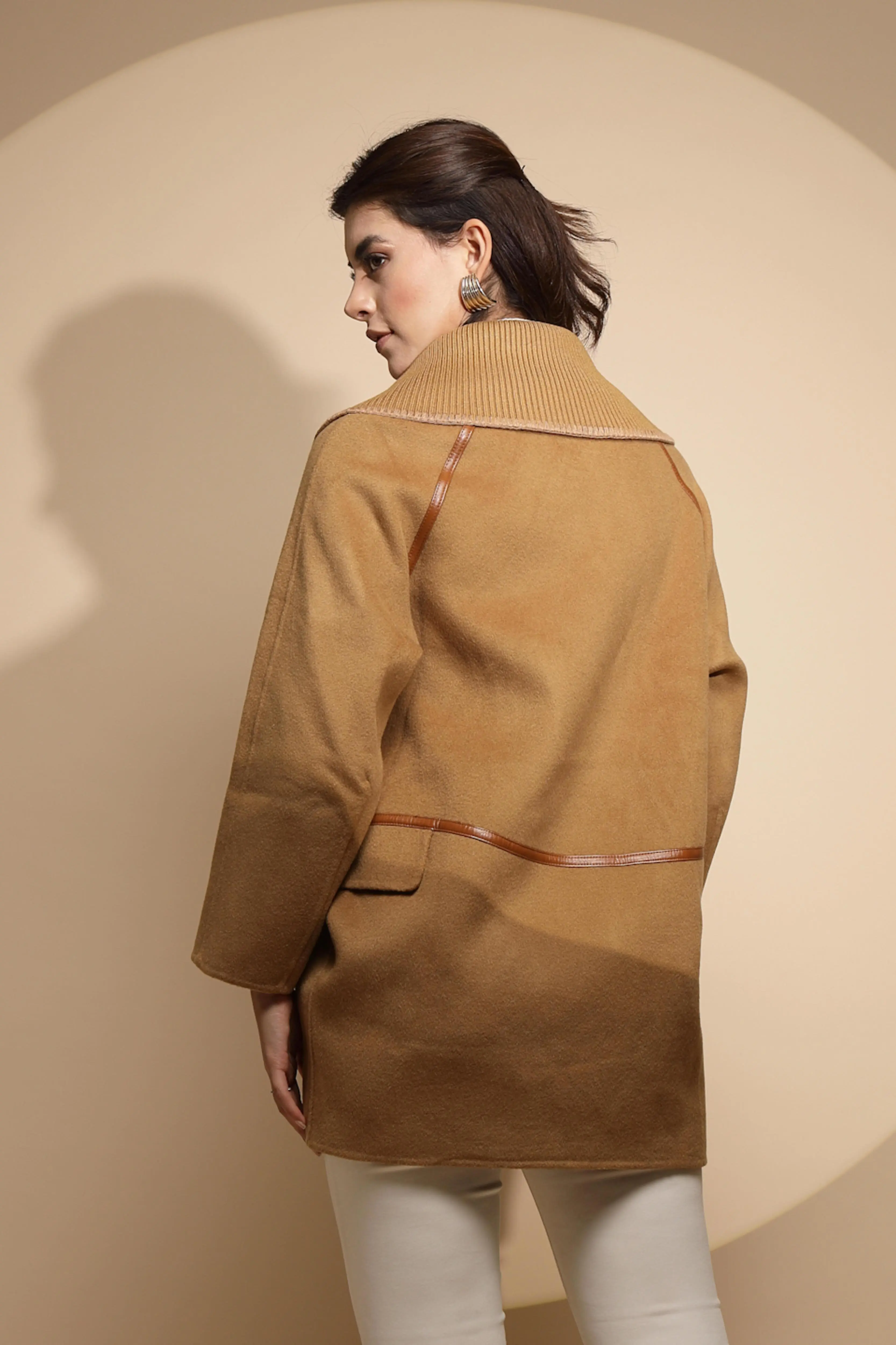 Brown Solid Collared Neck Wool Coat - Image 4