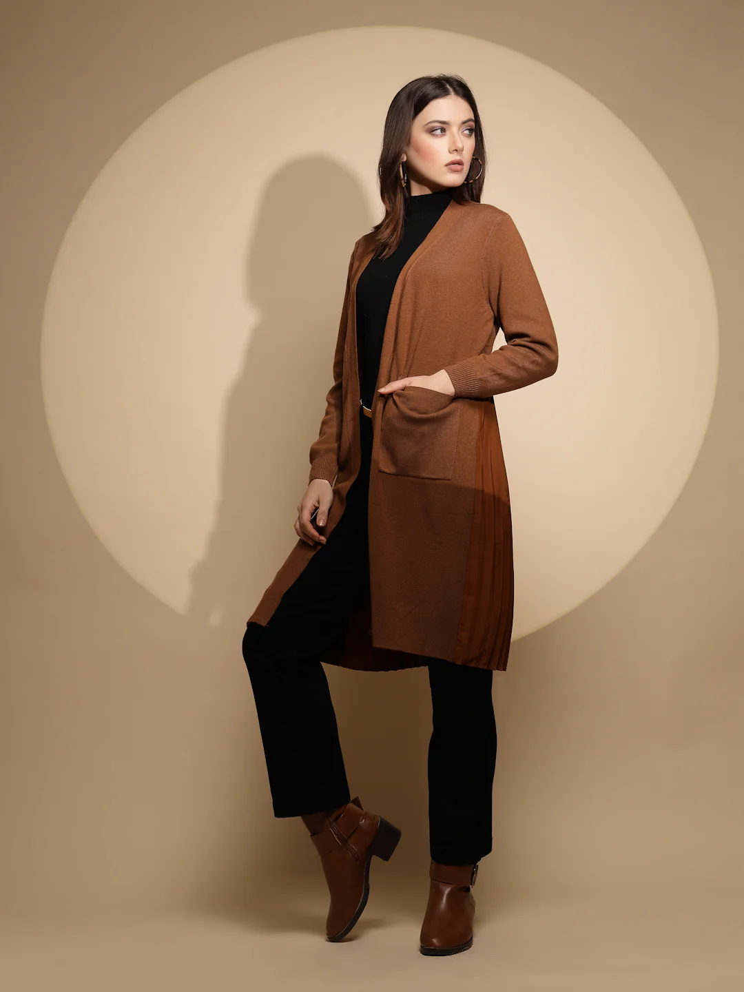 Solid Brown Knitted Winter Shrug - Image 3