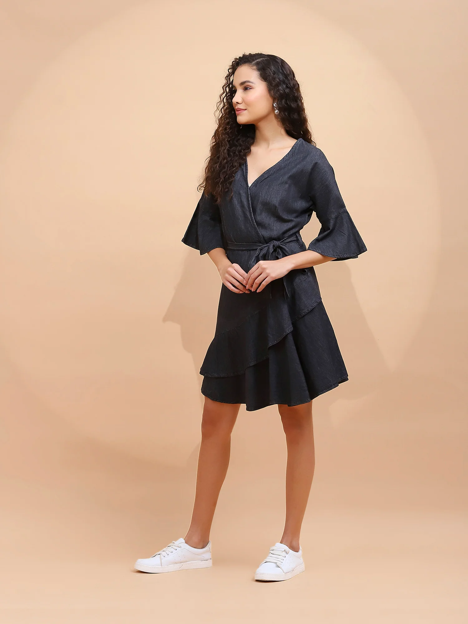 Black Cotton Blend Flared Wrap Dress - Image 10