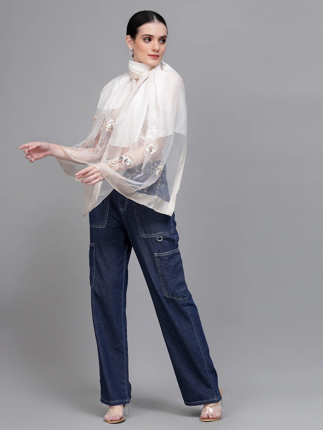 Women White Embellished Stole