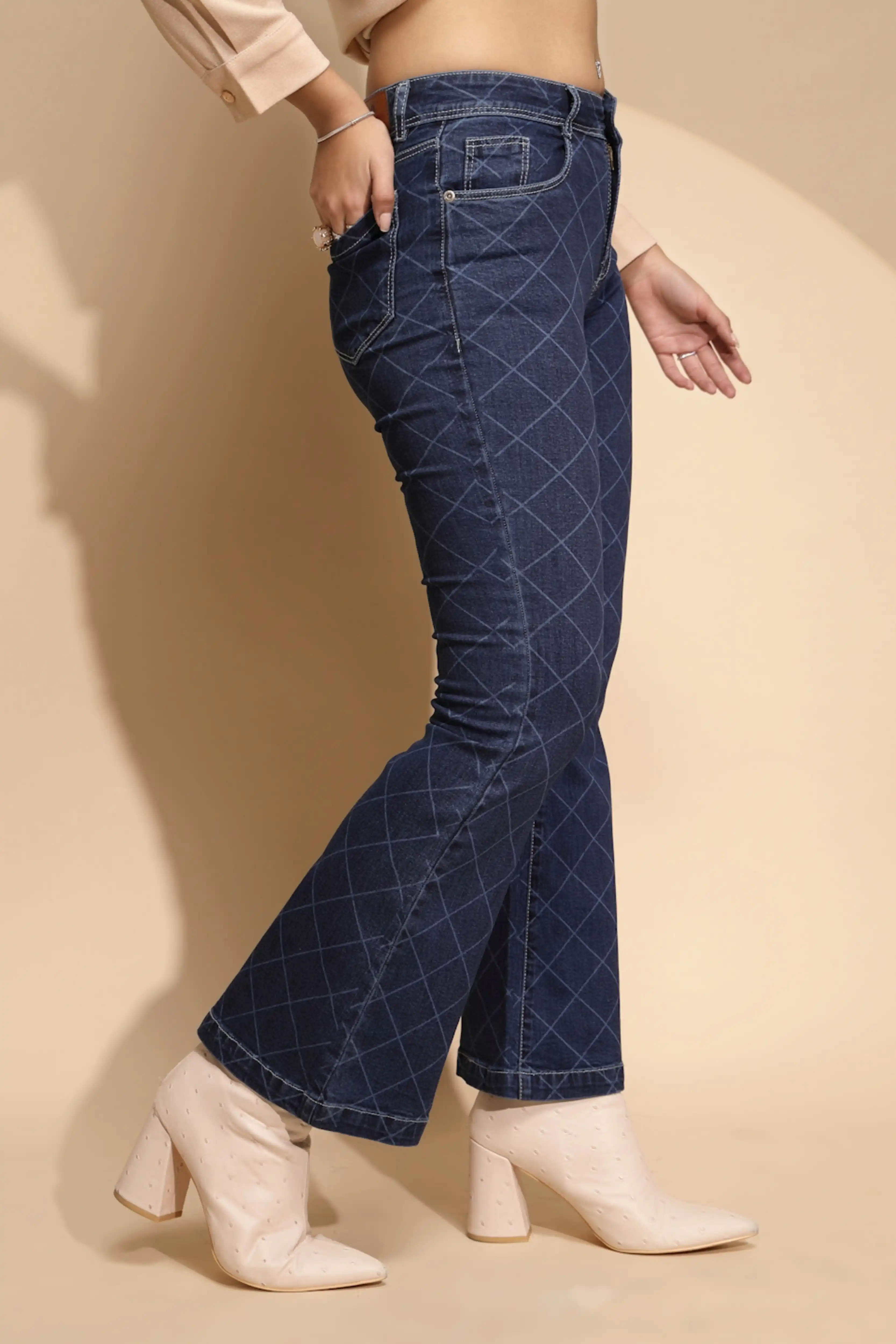 Blue Checkered Bootcut Jeans - Image 3