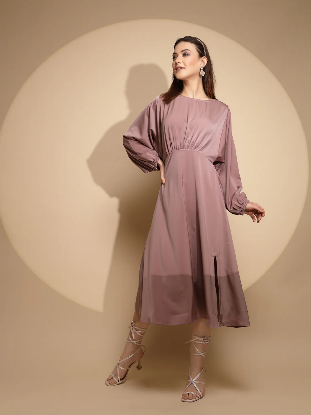 Dusty Nude Solid Satin Long Dress - Image 8