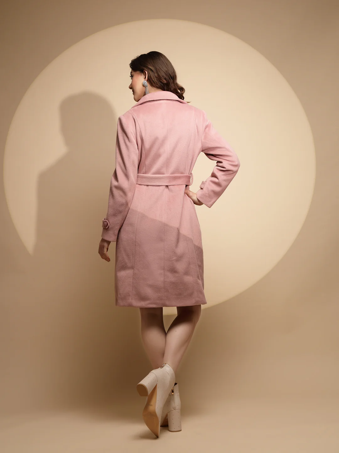 Dusty Pink Solid Collared Neck Full Sleeve Woolen Long Coat - Image 12