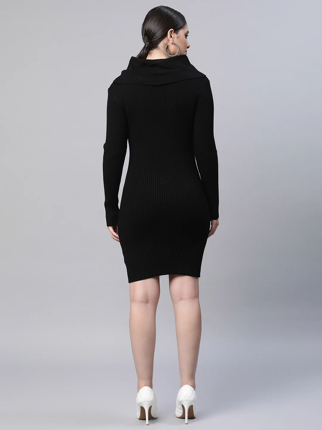 Elongated Neck Full Sleeves Black Slim Fit Bodycon Dress - Image 2