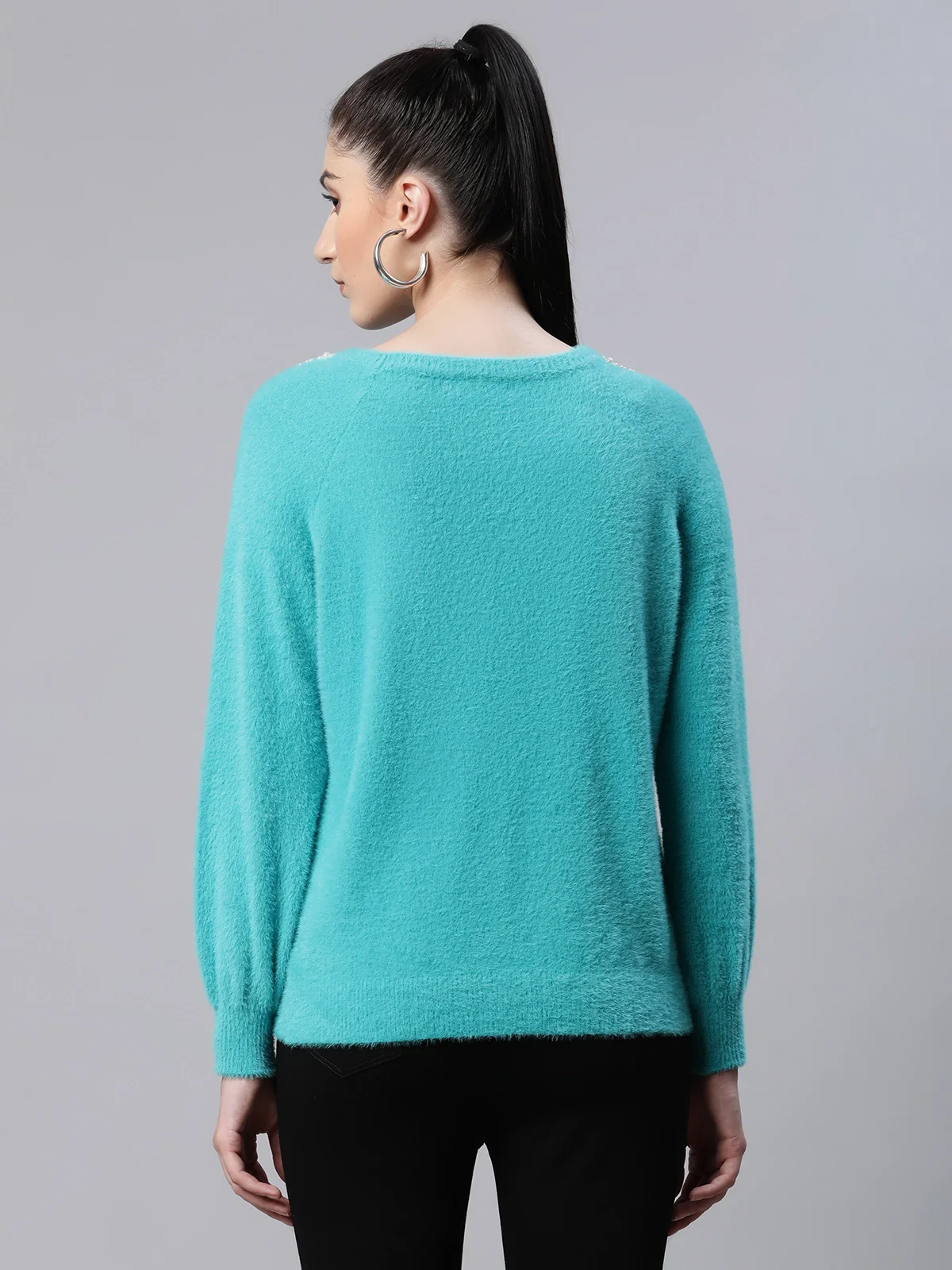Teal Embellished Loose Woolen Pullover - Image 10
