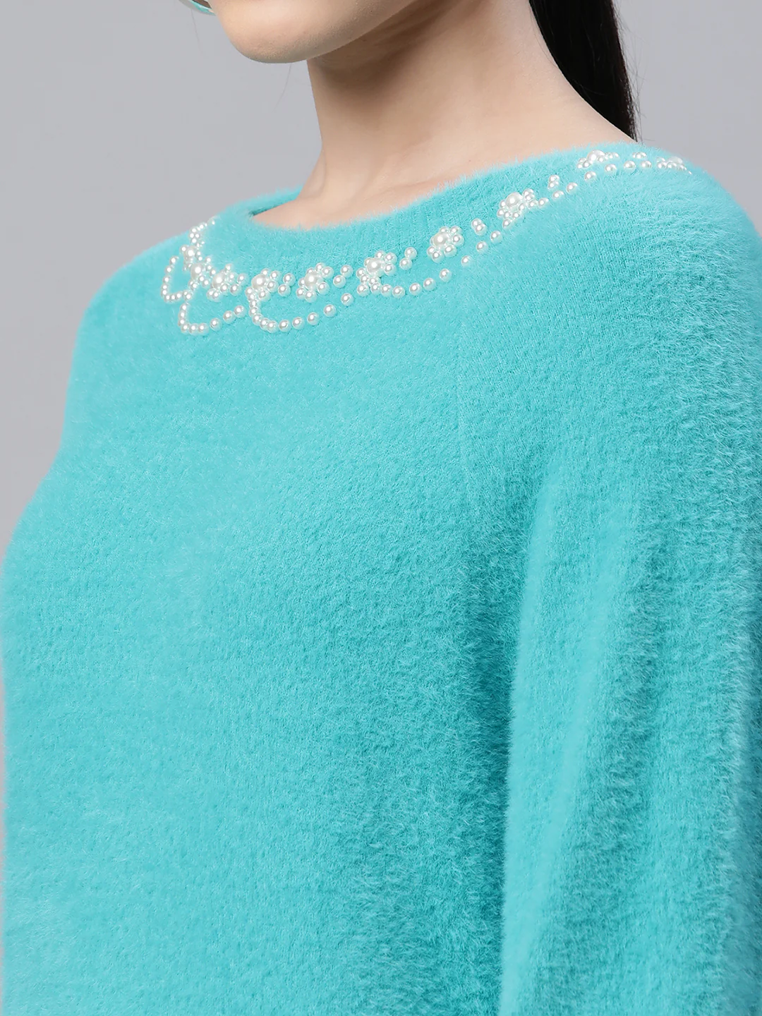 Teal Embellished Loose Woolen Pullover - Image 5