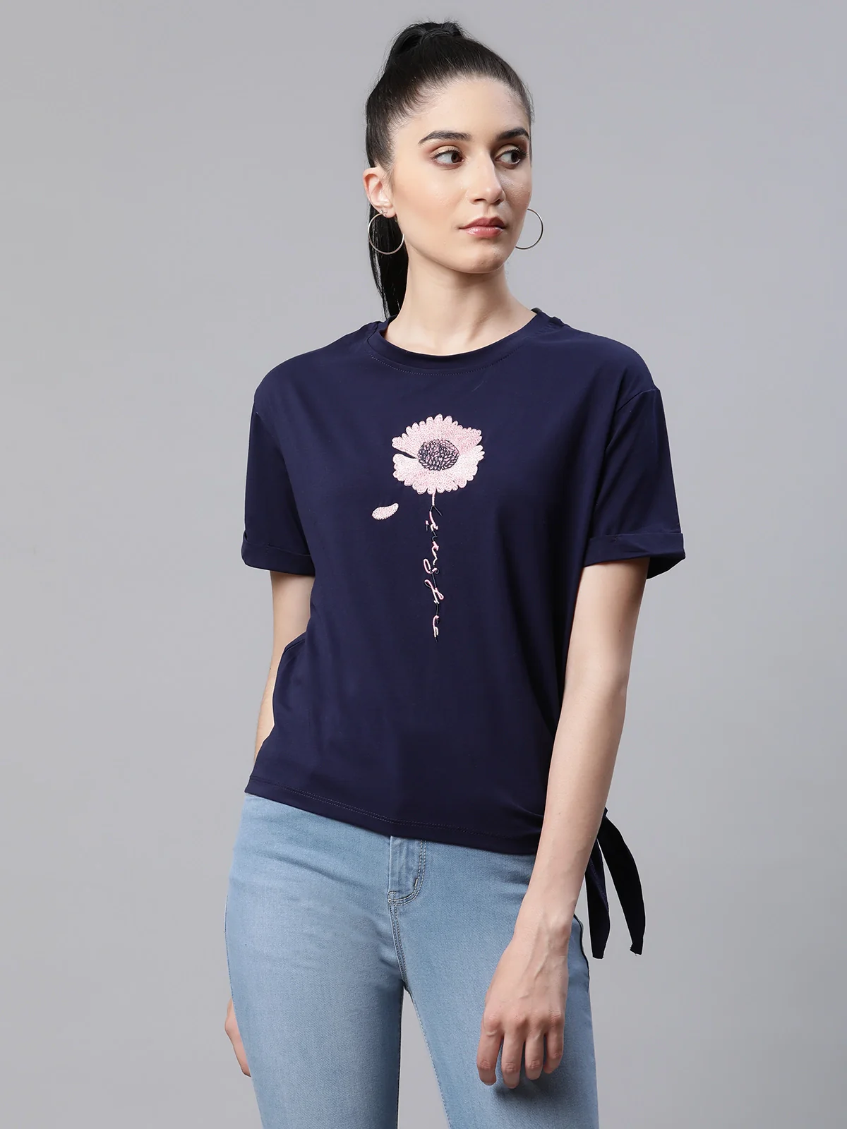 Embroidered Navy Blue Cotton Regular Fit Top - Image 2