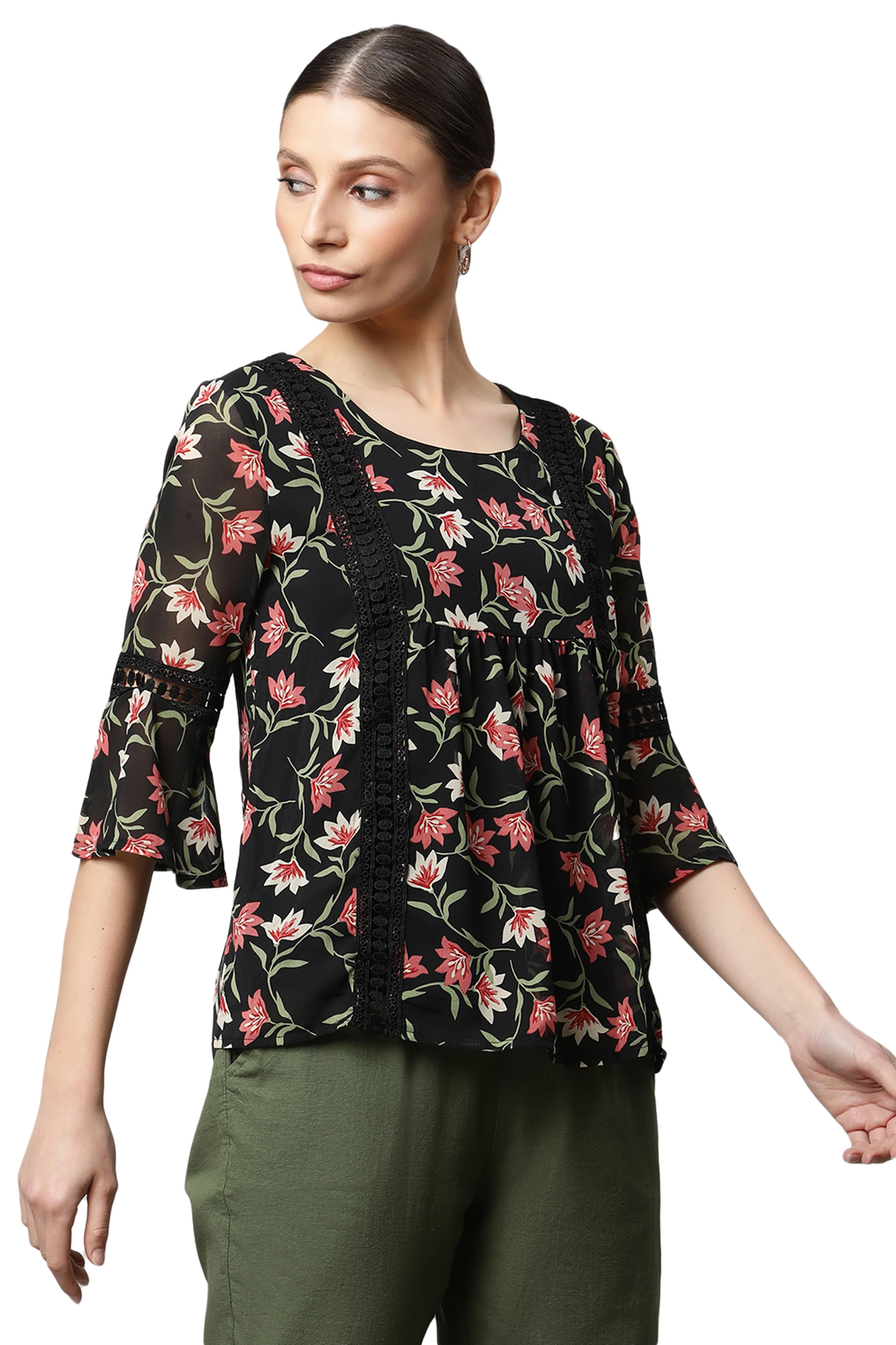 Black Floral Georgette Top - Image 2