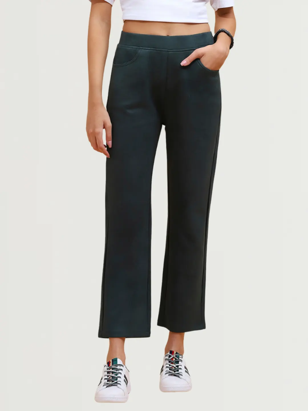 Green Solid Straight Fit Suede Jegging - Image 4