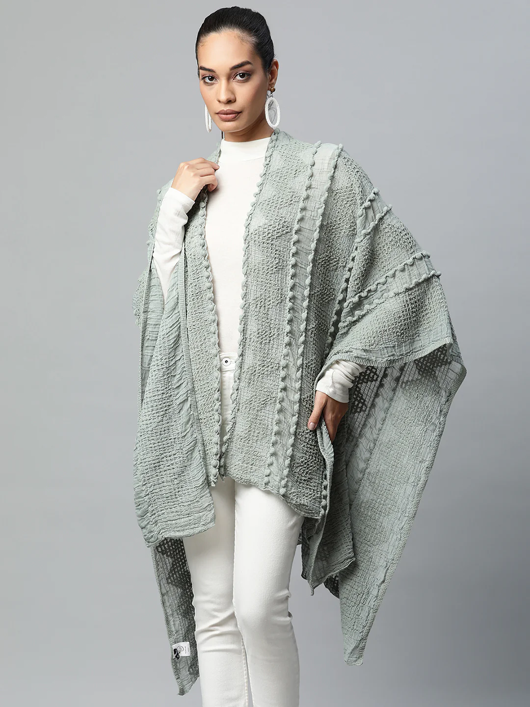 Green Free Fall Textured Quarter Sleeves Cape