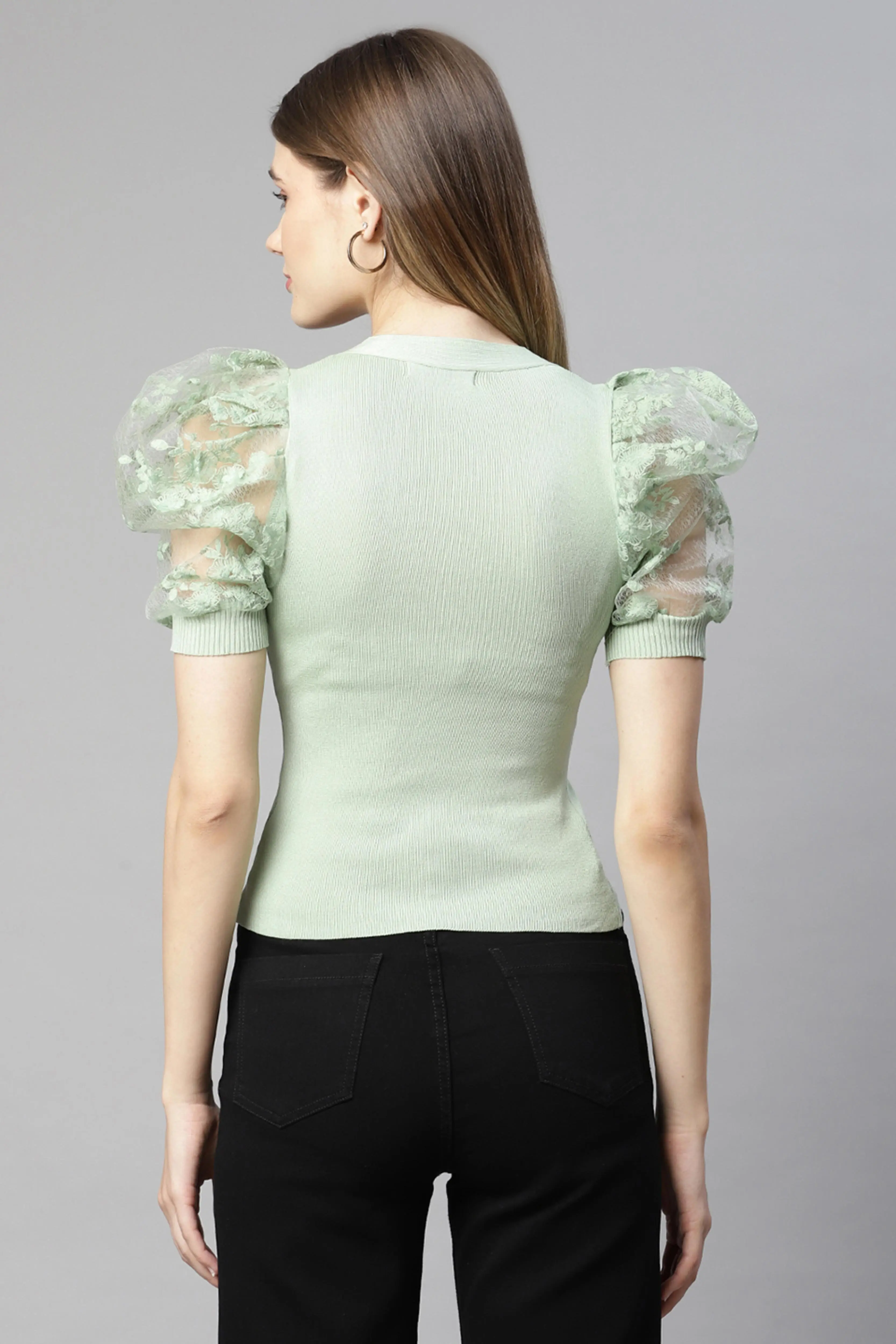Women Pastel Green Knit Top - Image 2