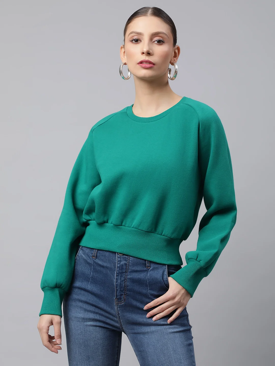 Green Raglan Sleeves Loose Fit Fleece Sweatshirt - Image 3