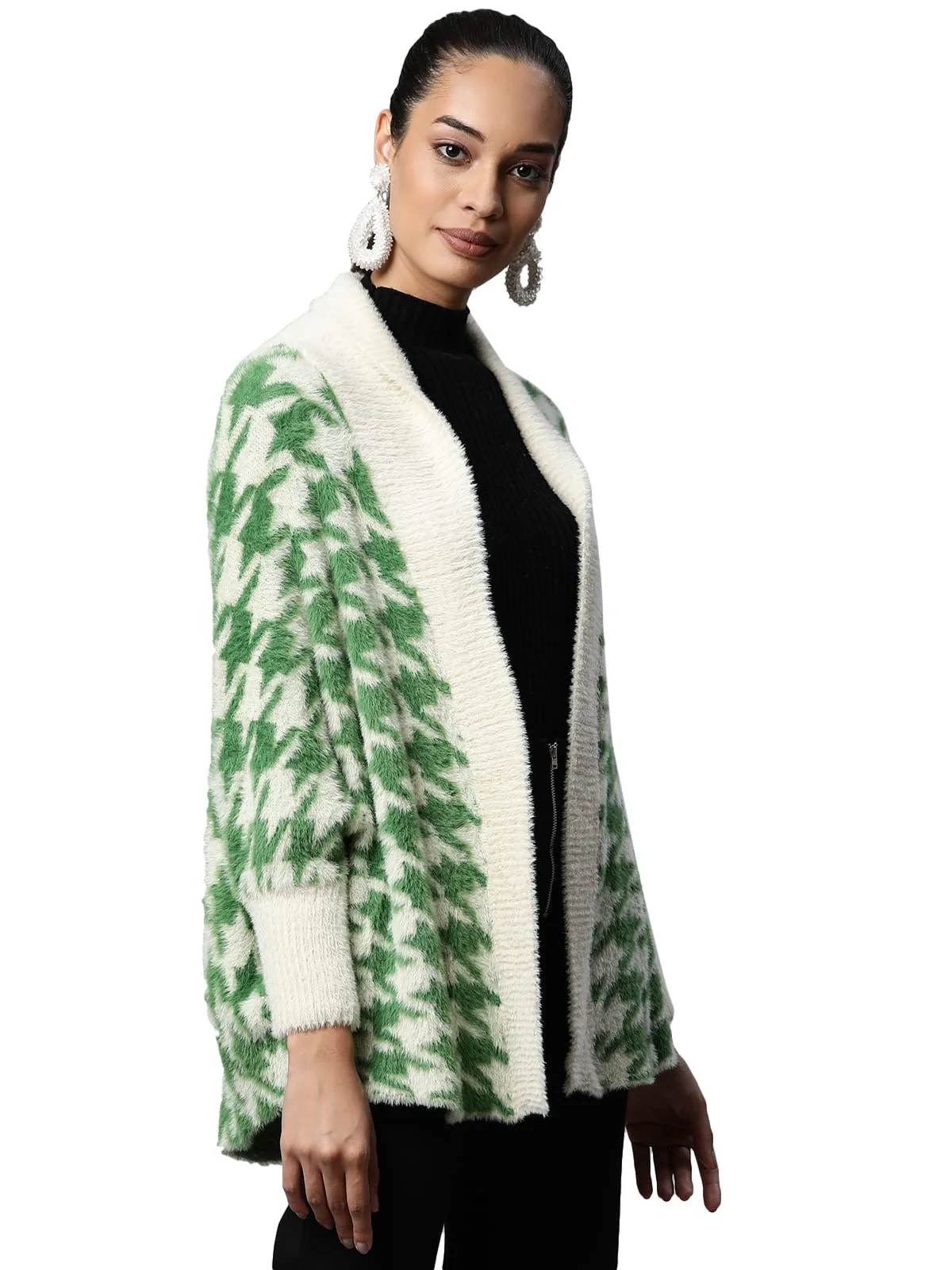 Women Green Shawl Collar Houndstooth Shrug - Image 2