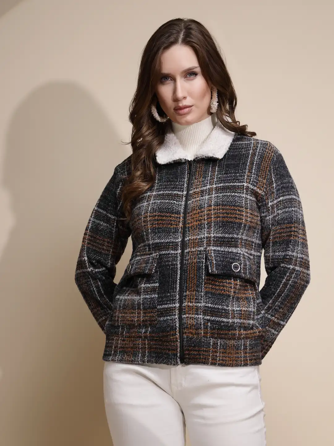 Grey Check Full Sleeve Collared Neck Fleece Sweatshirt - Image 8
