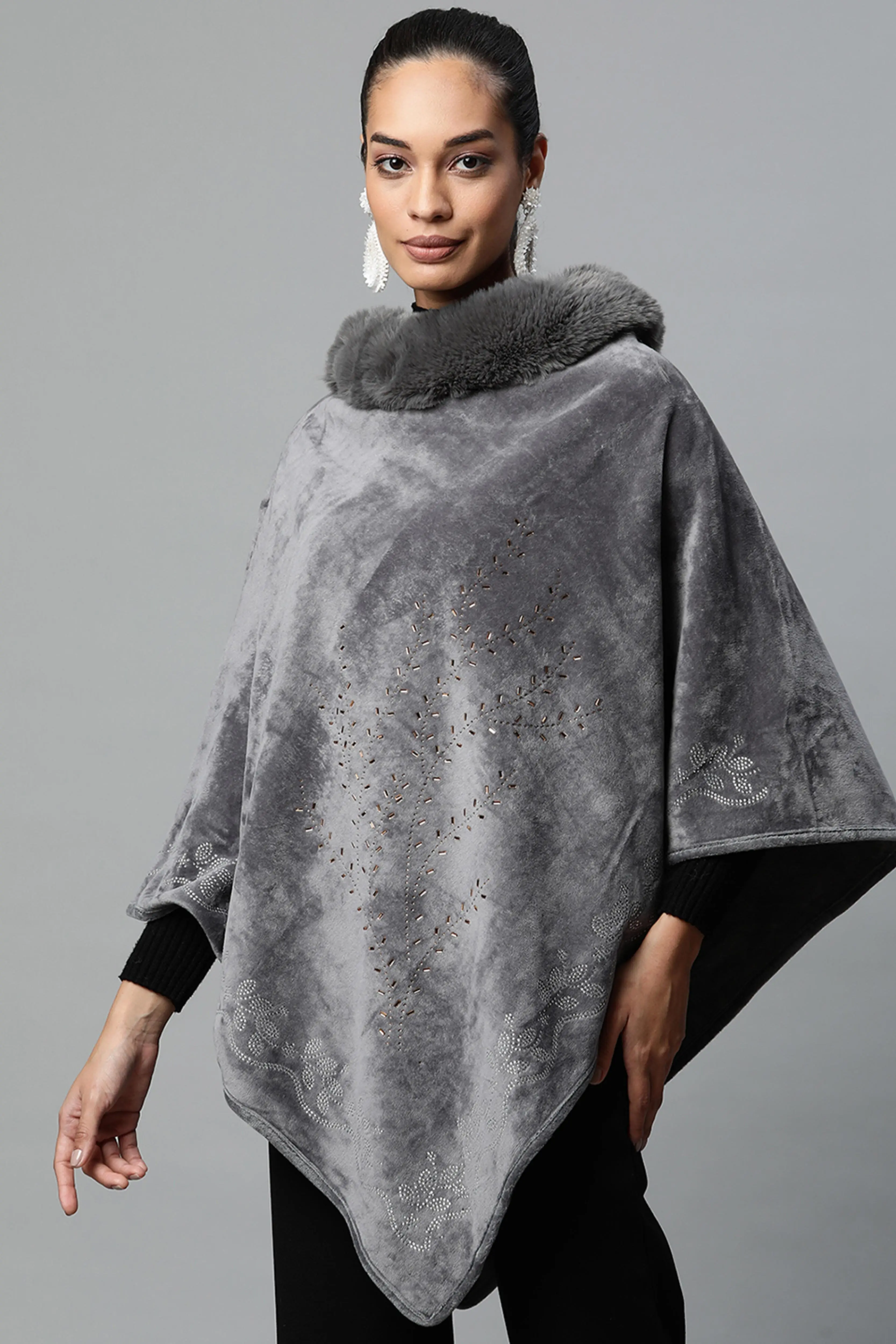 Grey Furry Neck Embellished Velvet Poncho
