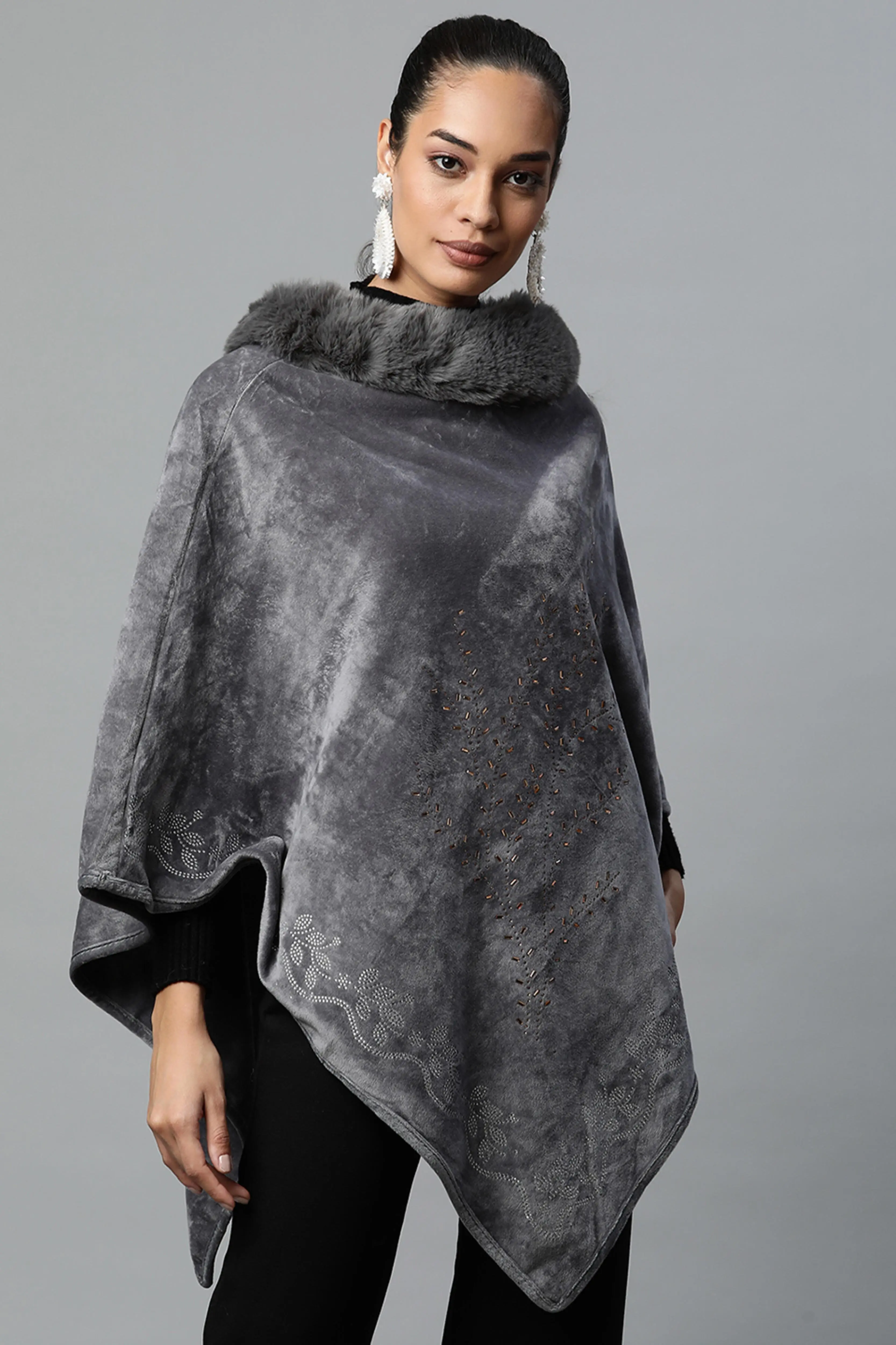 Grey Furry Neck Embellished Velvet Poncho - Image 3
