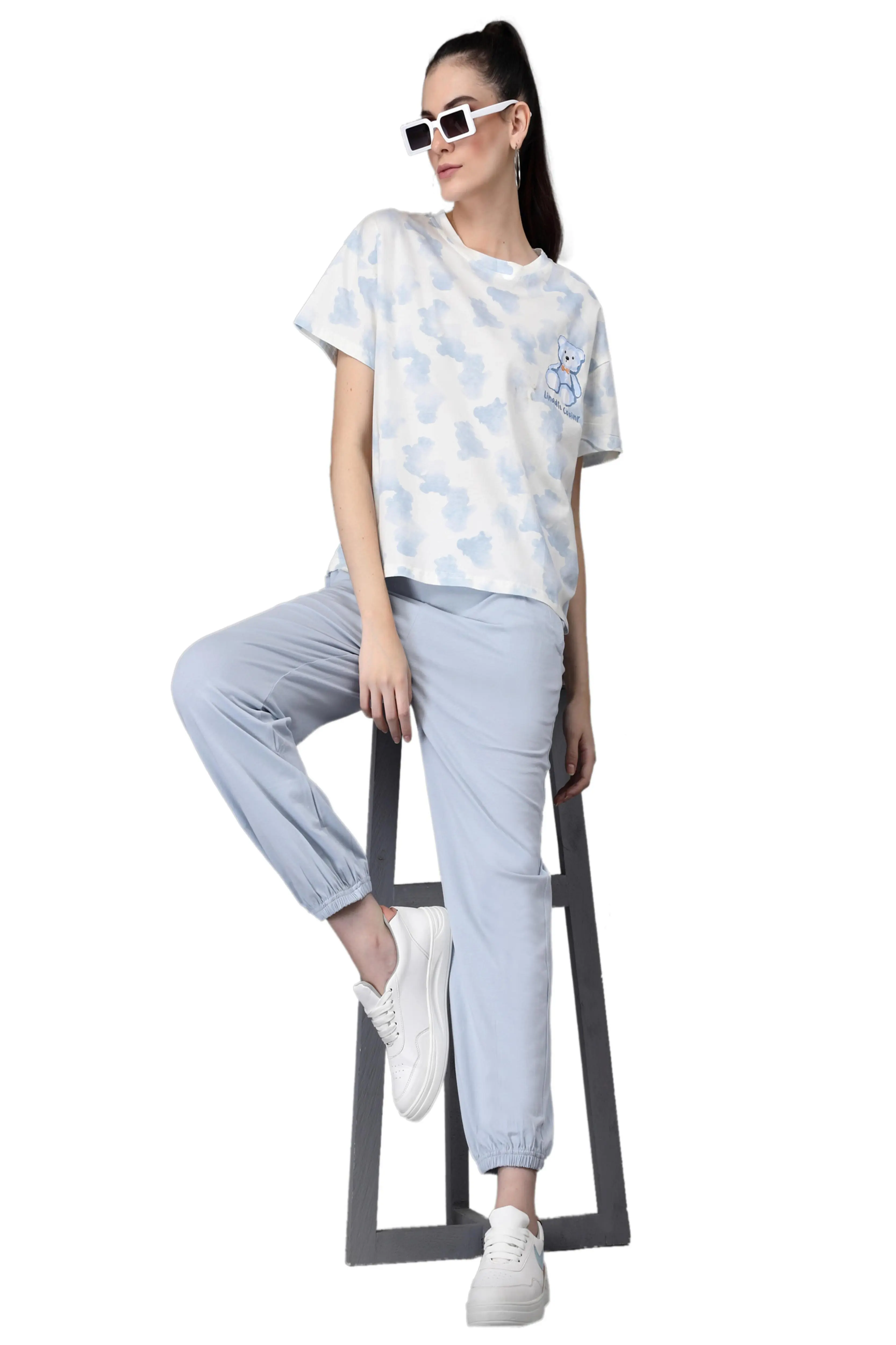 Grey Round Neck Loose Fit Printed Night Suit Set - Image 6
