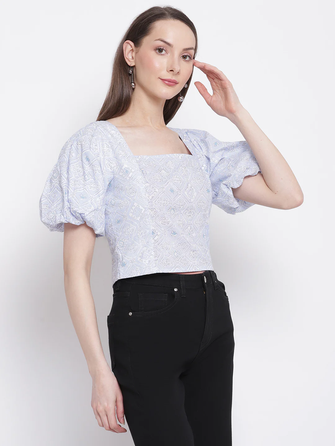 Square Neck Blouson Top with Tie-Knot at Back - Image 6