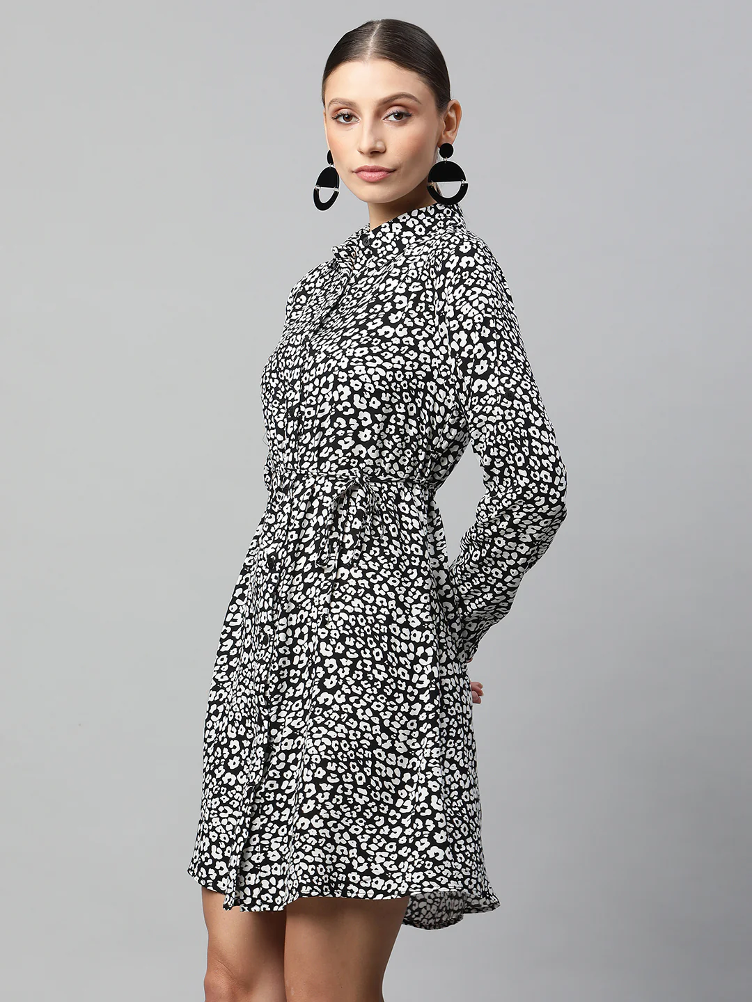 Grey Floral Printed Ruched Dress - Image 6