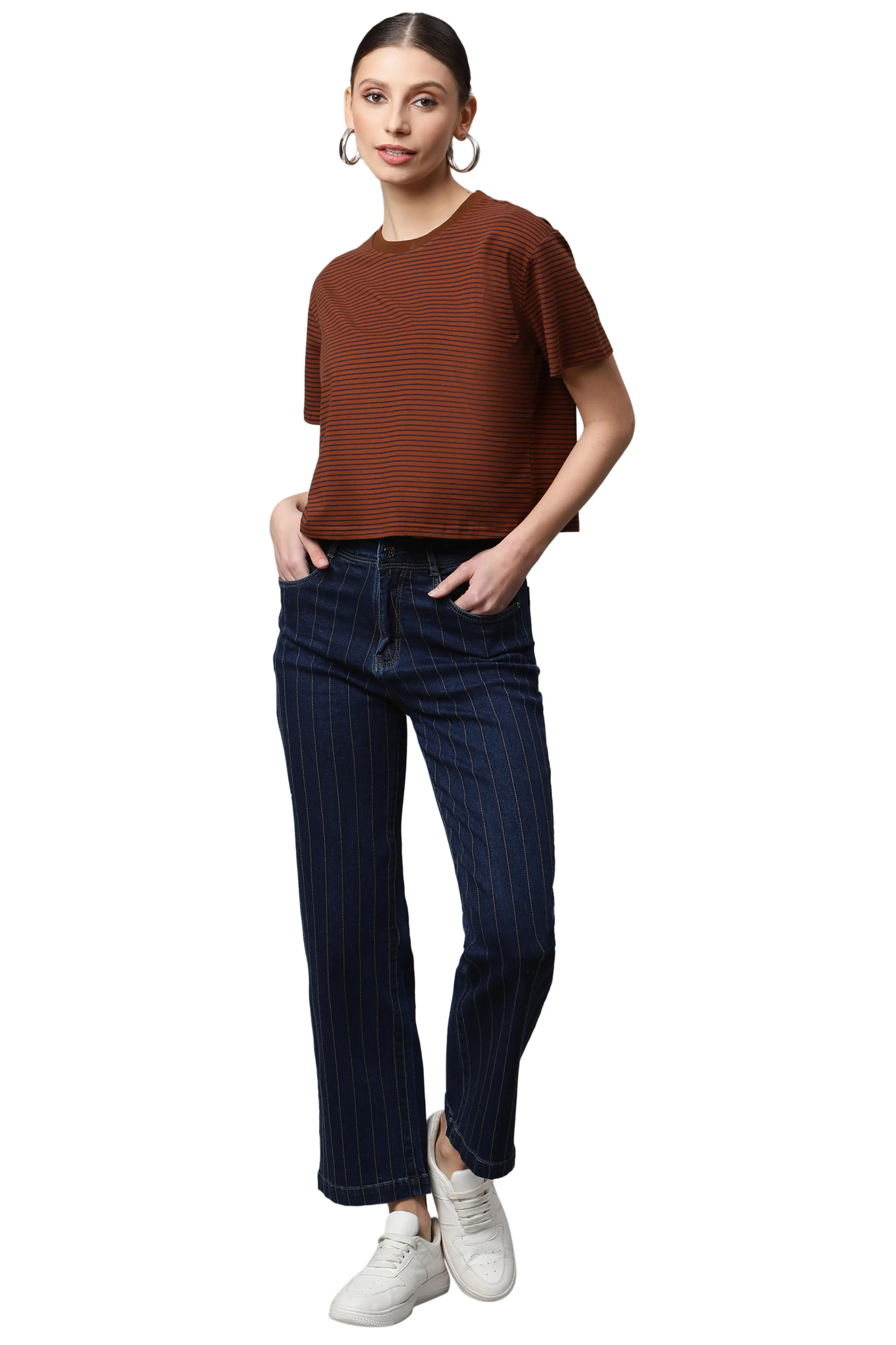 Dark Blue High Rise Striped Jeans - Image 6