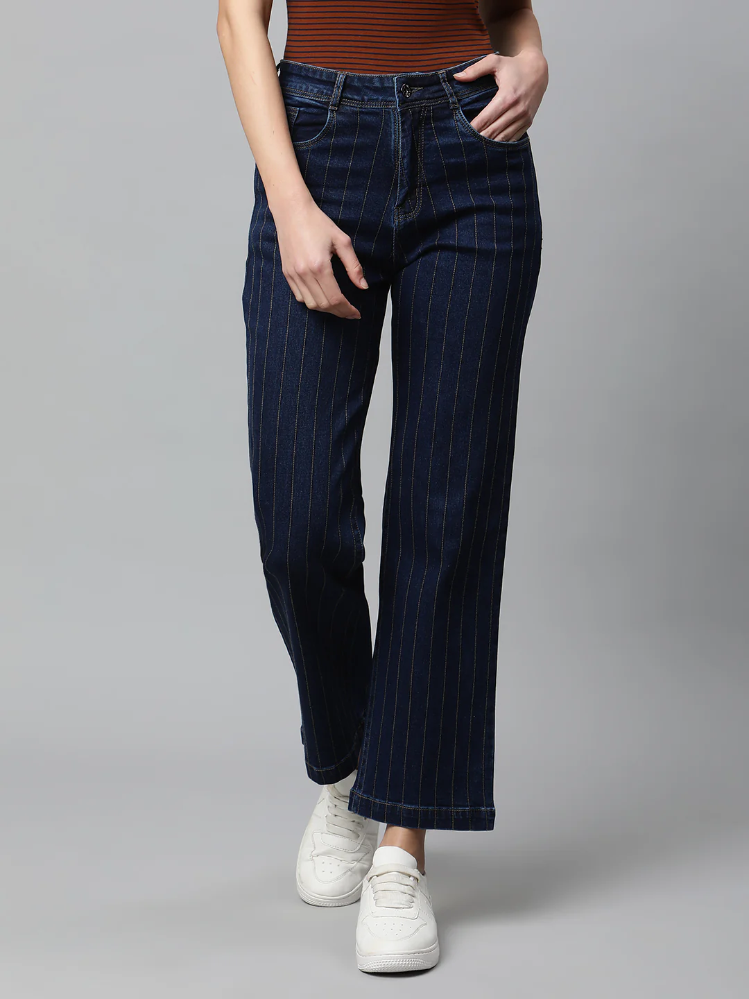 Dark Blue High Rise Striped Jeans - Image 8