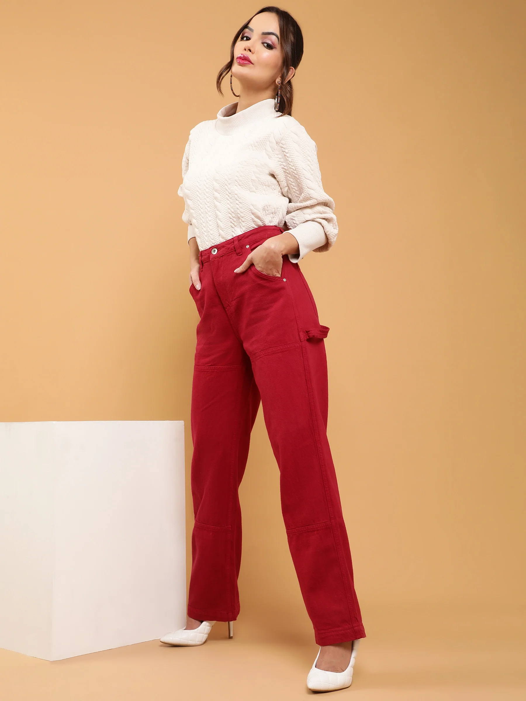 Red High Rise Straight Leg Jeans - Image 4