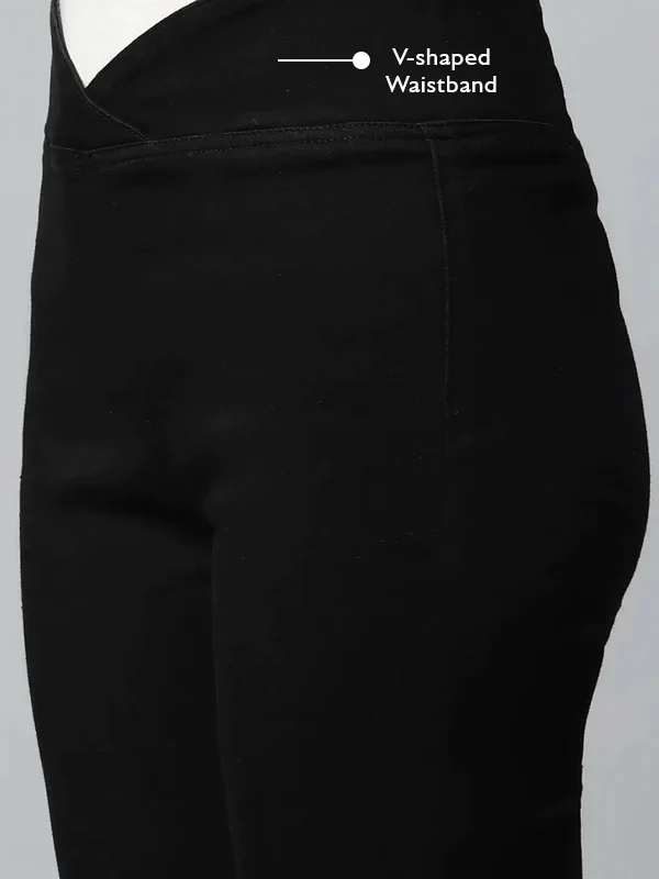 Black V-shape Waist Cotton Blend Bootcut Jegging - Image 3