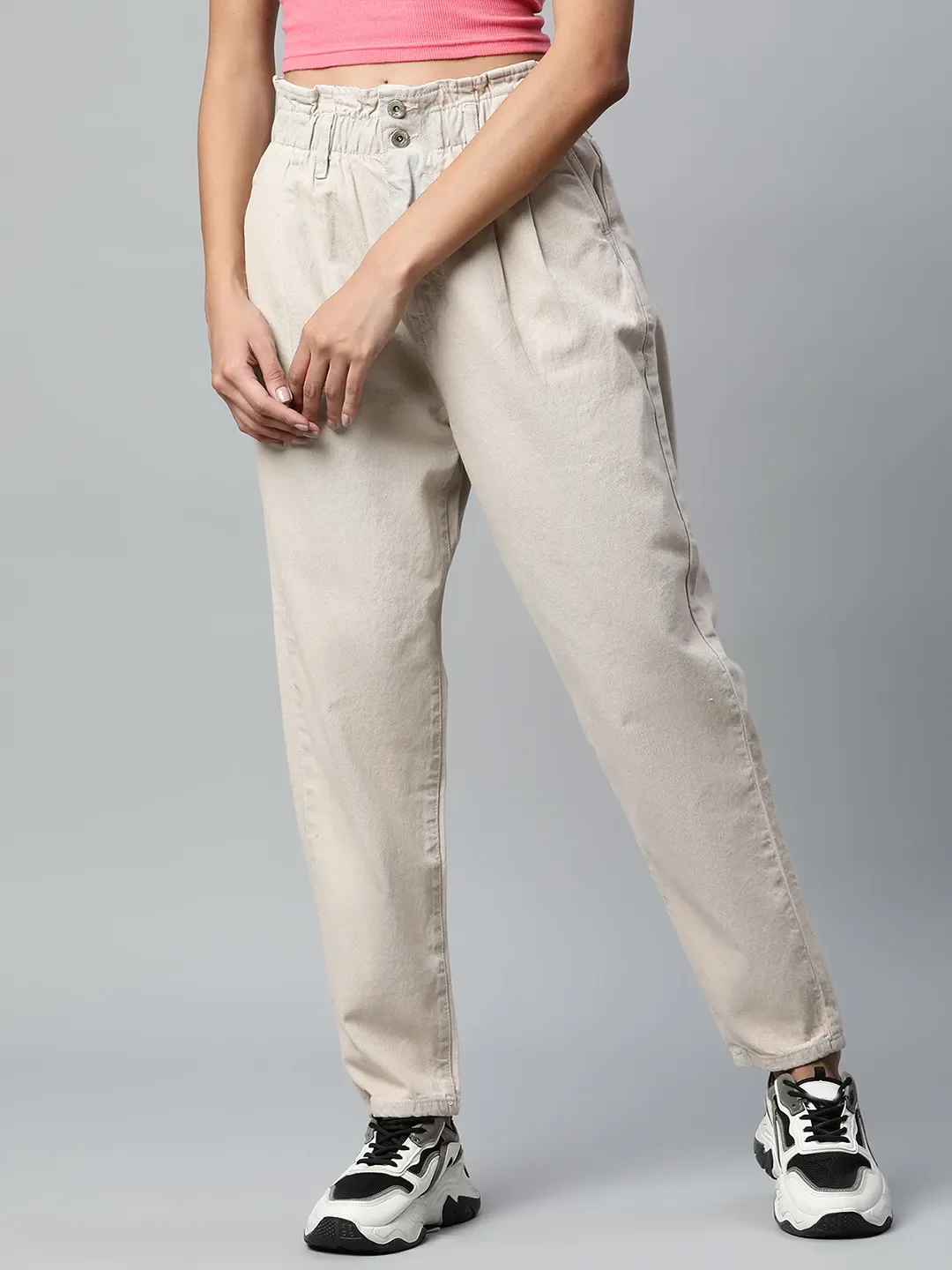 Tapered Full Length Beige Paper Waist Jeans