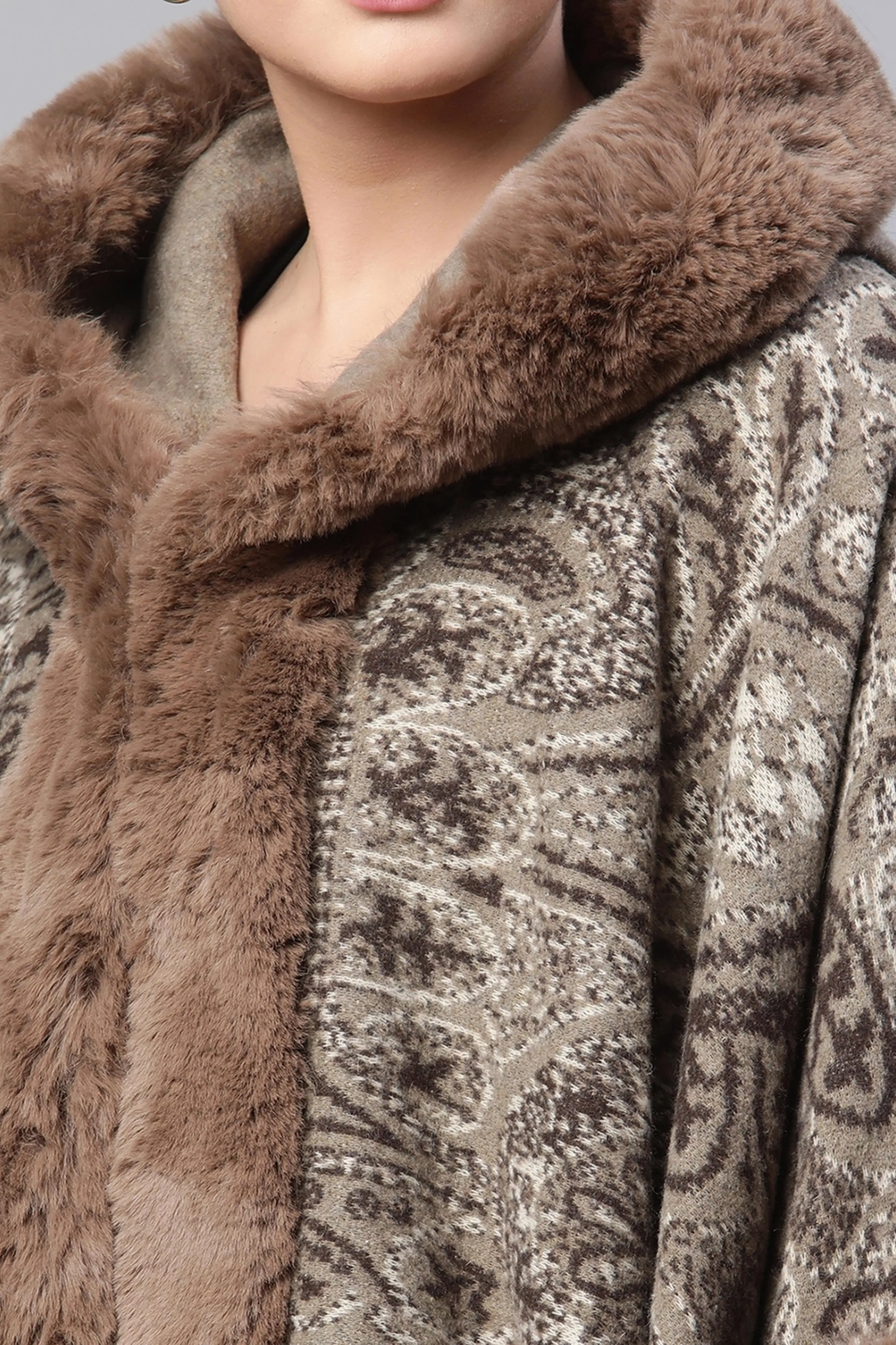 Women Brown Hooded Printed Acrylic Cape - Image 5