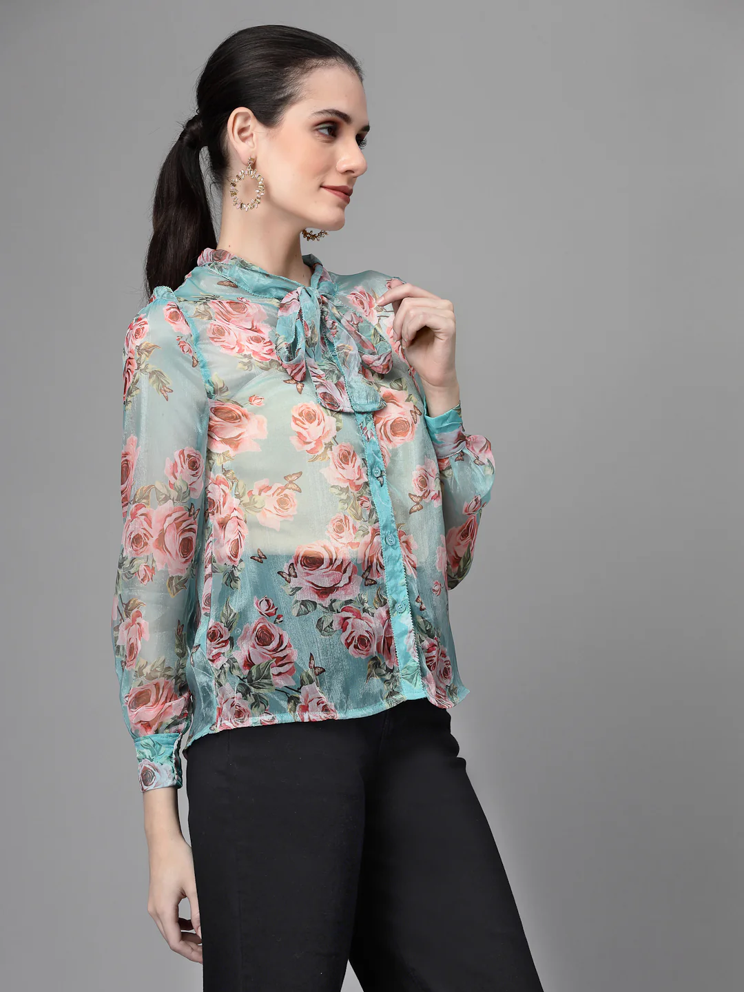 Blue Jabot Collar Floral Shirt - Image 6