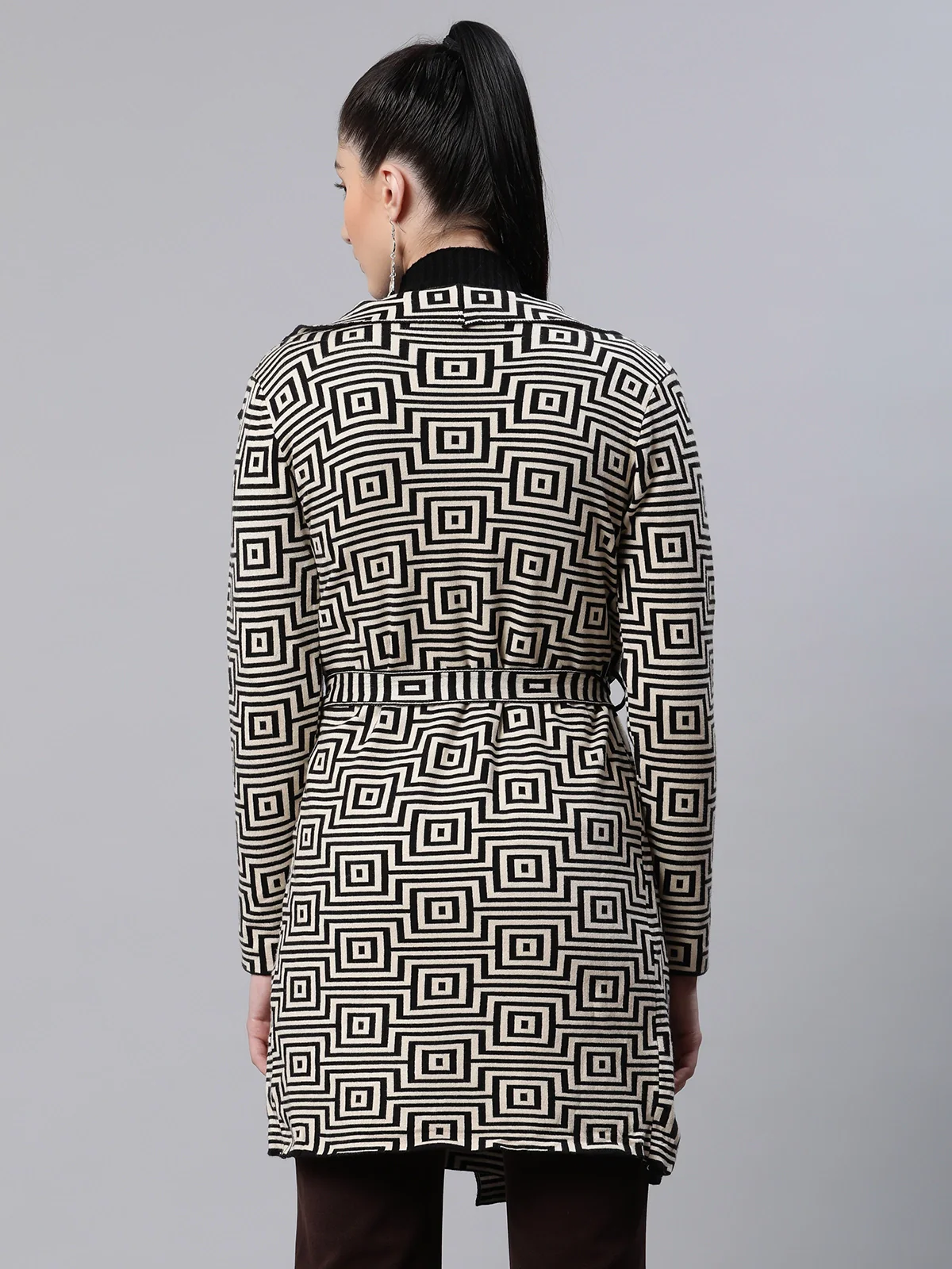 Beige Jacquard Knit Casual Coat - Image 3