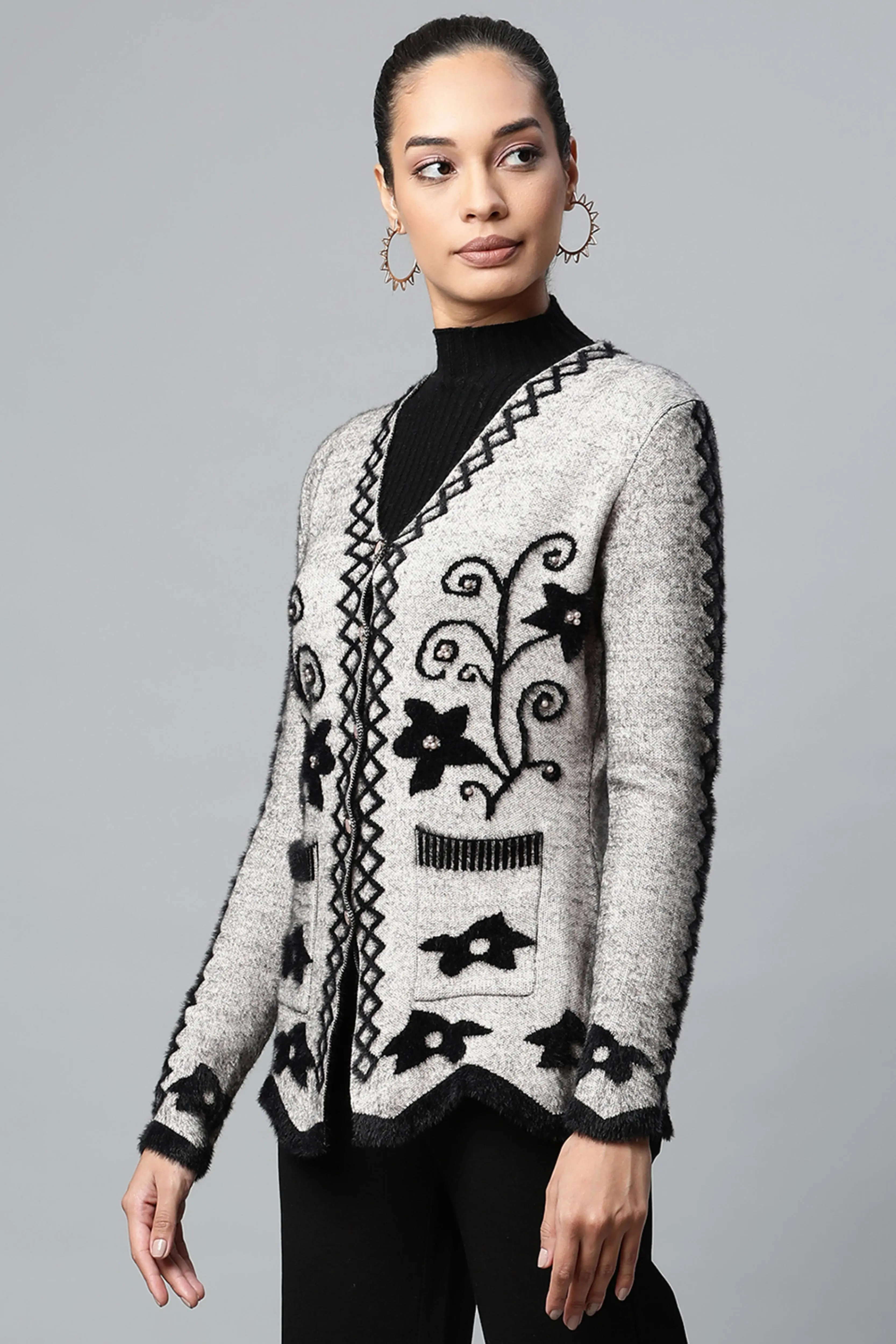 Khaki Floral Knitted Cardigan - Image 3
