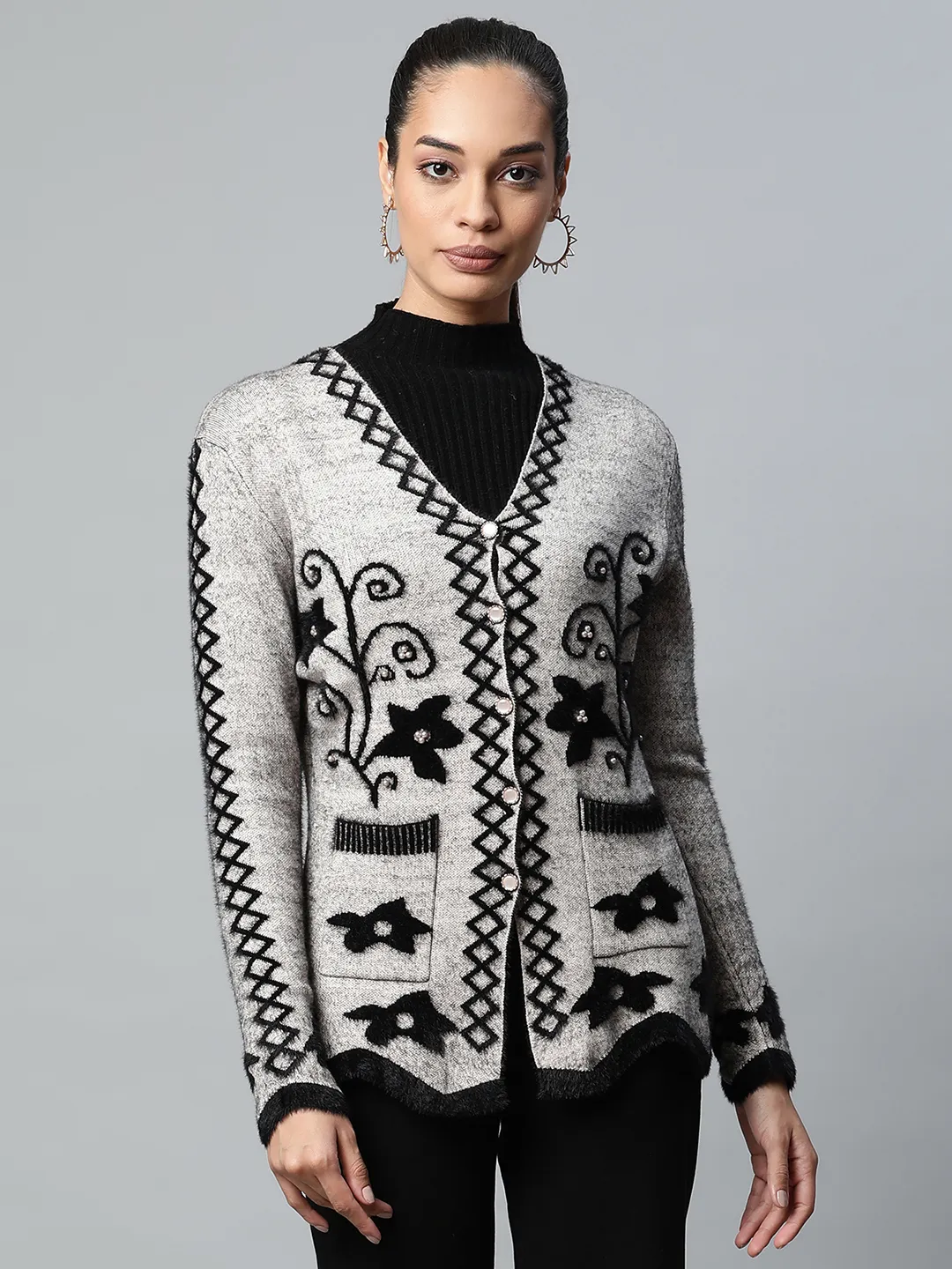 Khaki Floral Knitted Cardigan - Image 5