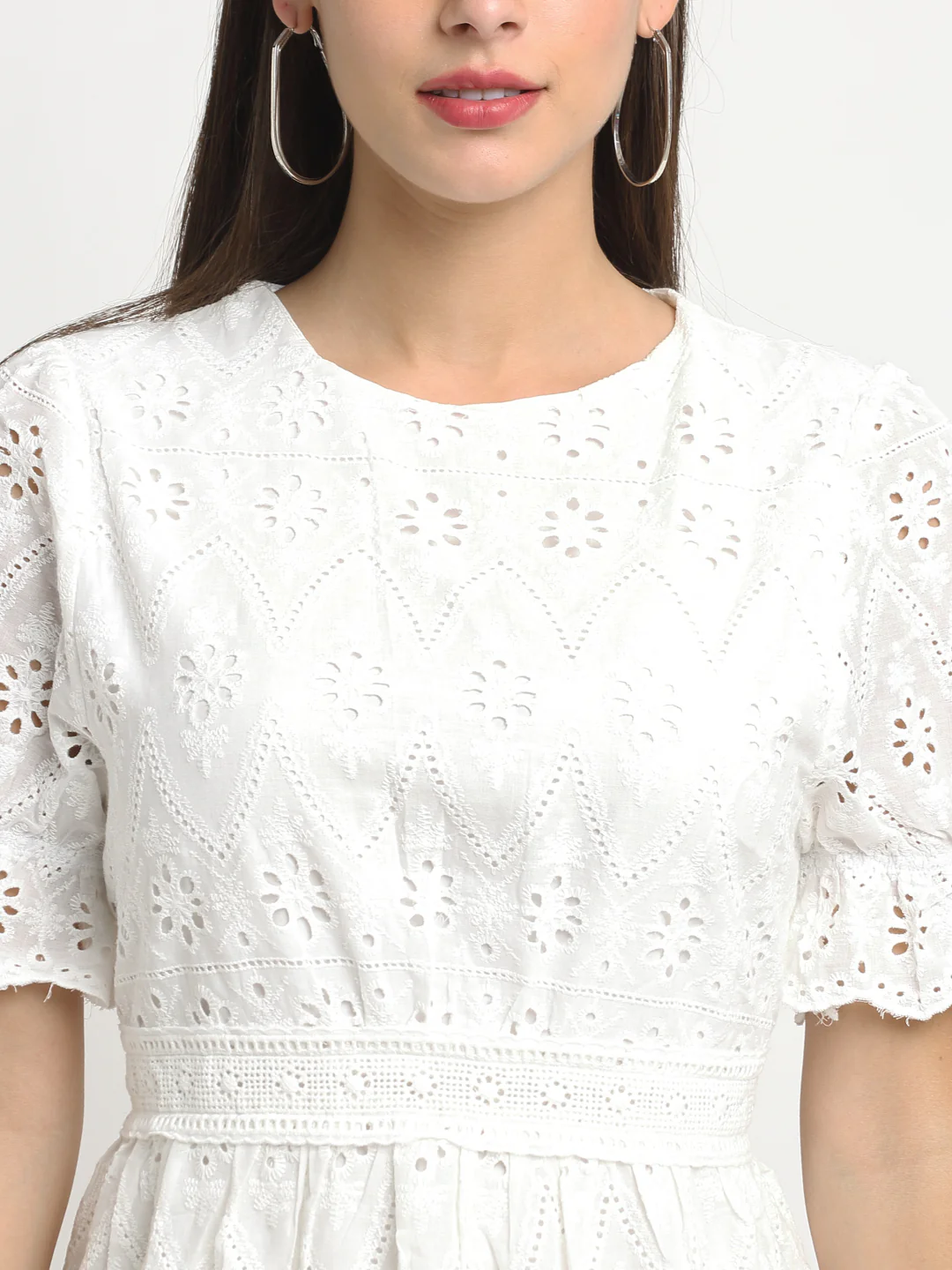 Women White Cotton Schiffli Dress - Image 4