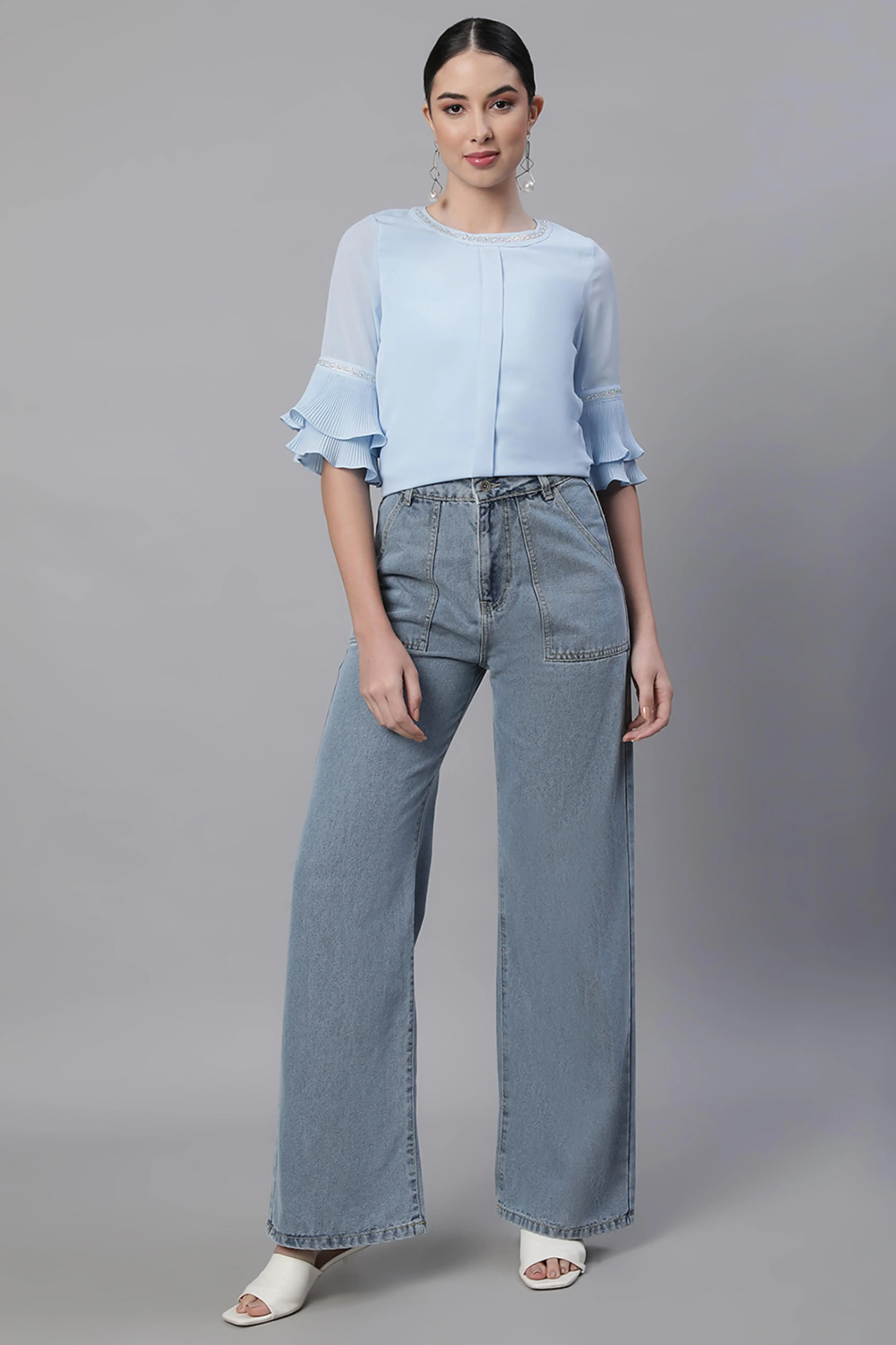 Blue Flared Leg Stretchable Jeans - Image 3
