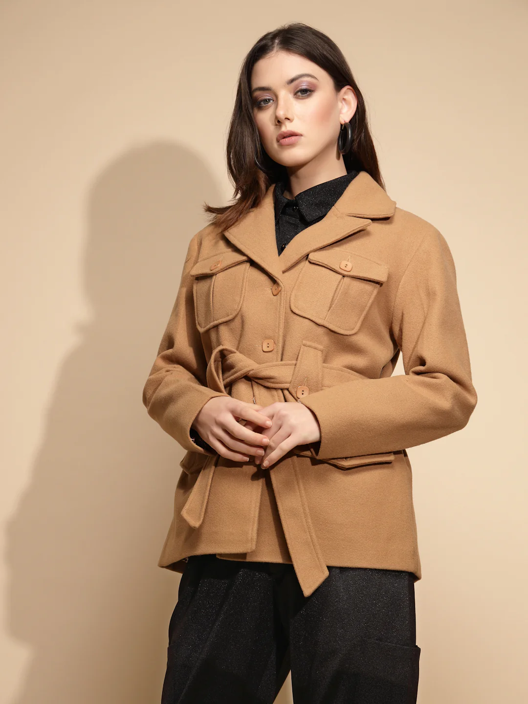 Brown Solid Knitted Wrap Coat - Image 10