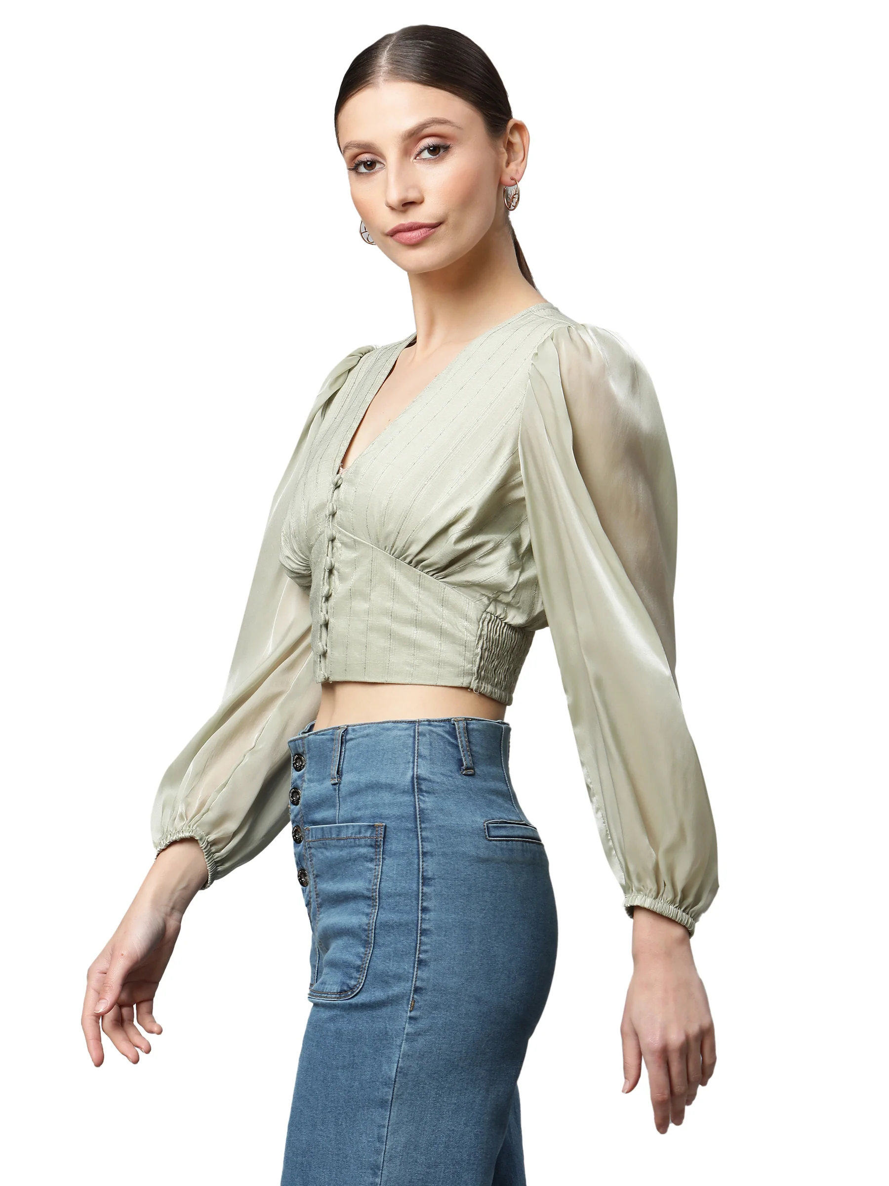 Green Cropped Blouson Top - Image 10