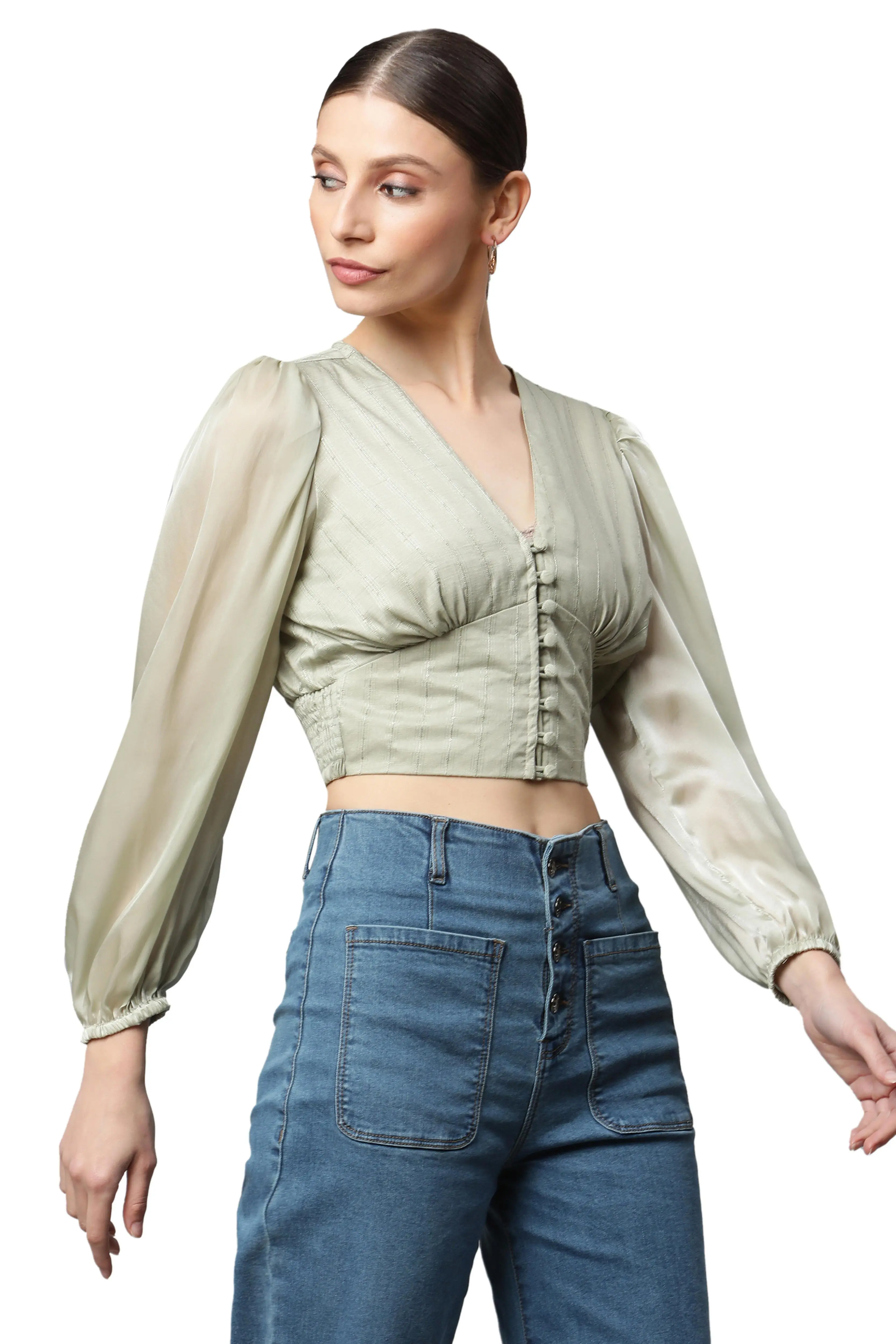 Green Cropped Blouson Top - Image 2