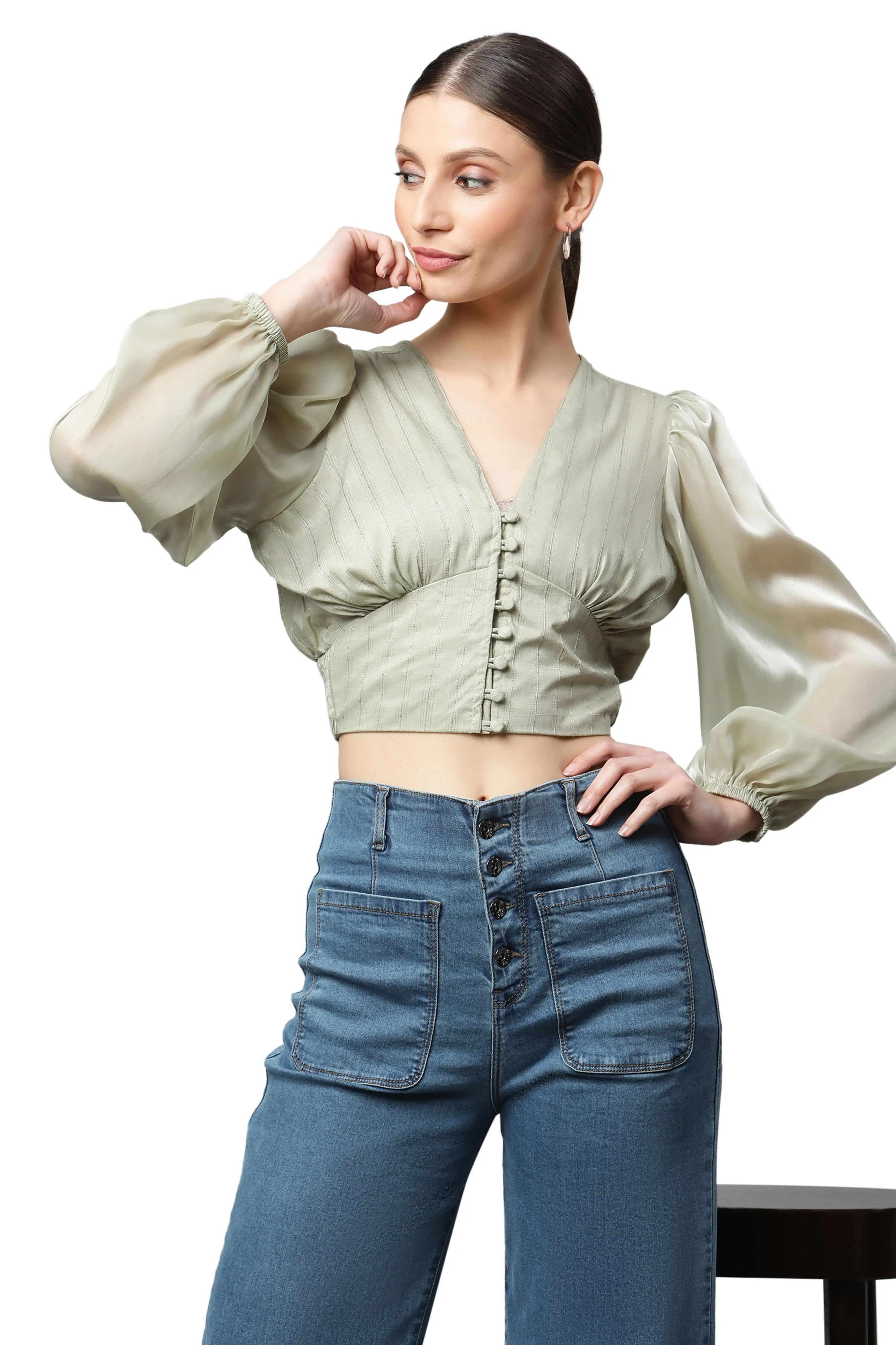 Green Cropped Blouson Top - Image 6