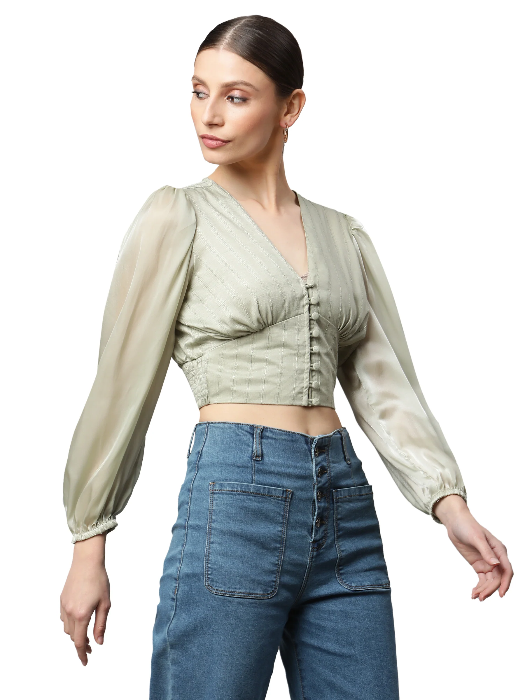 Green Cropped Blouson Top - Image 9