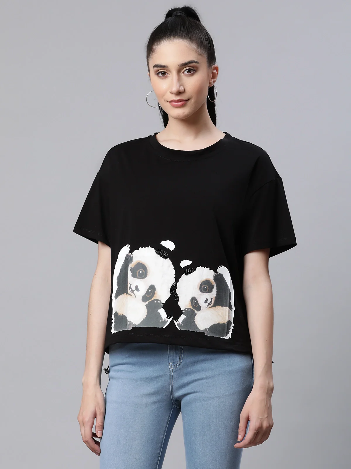 Regular Fit Black Printed Cotton Casual Top - Image 3
