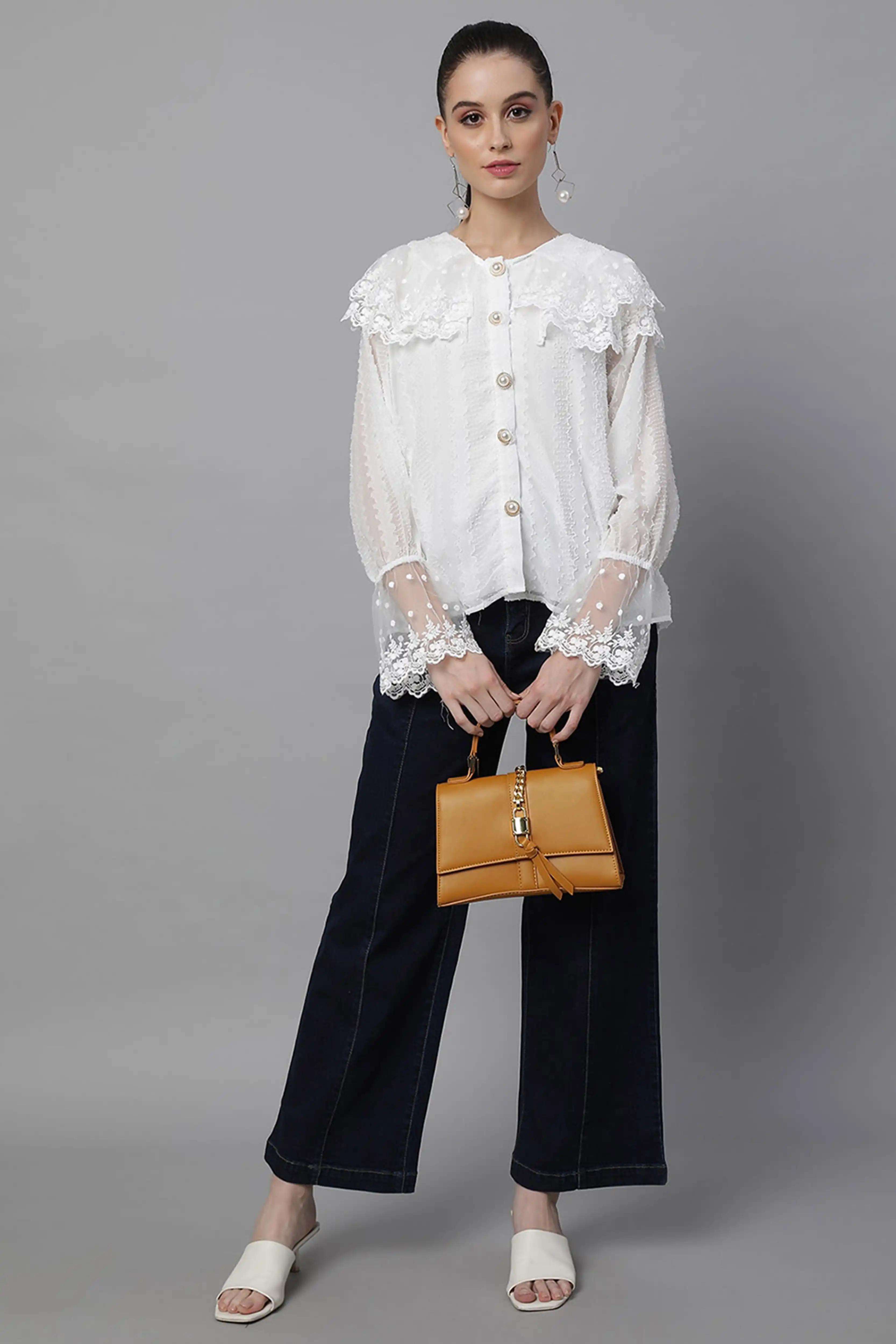 Loose Fit White Embroidered Lace Shirt - Image 8