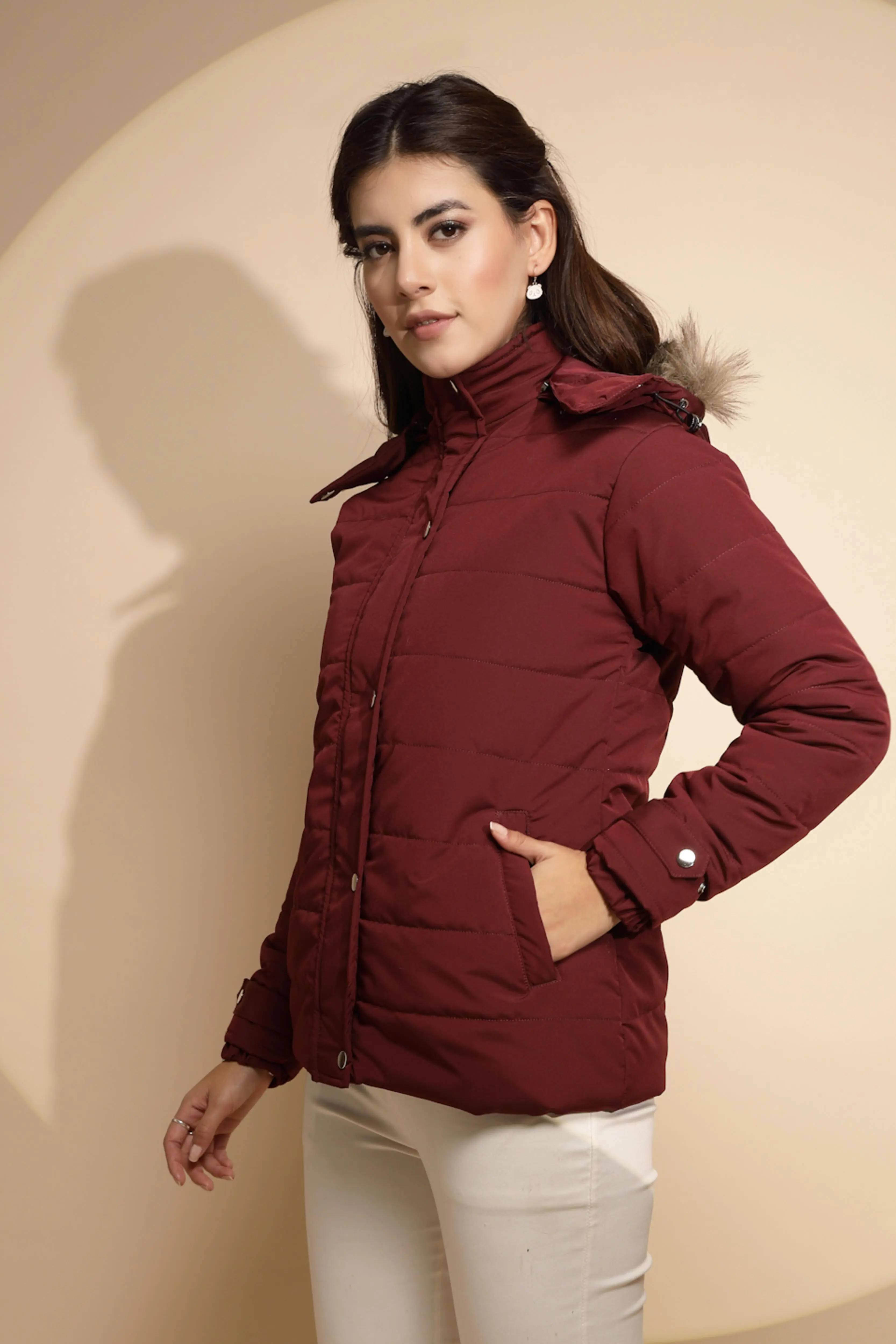 Maroon Solid Full Sleeve Regular fit Hooded Jacket - Image 2