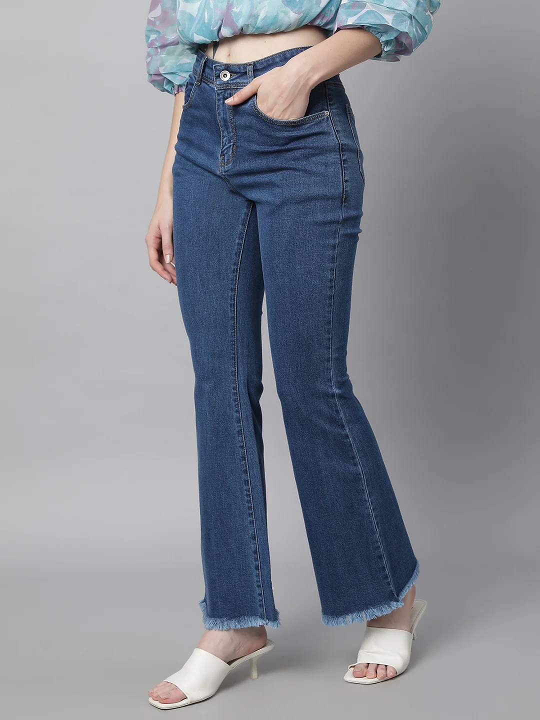 High Rise Slim Fit Bell Bottom Blue Jeans - Image 8