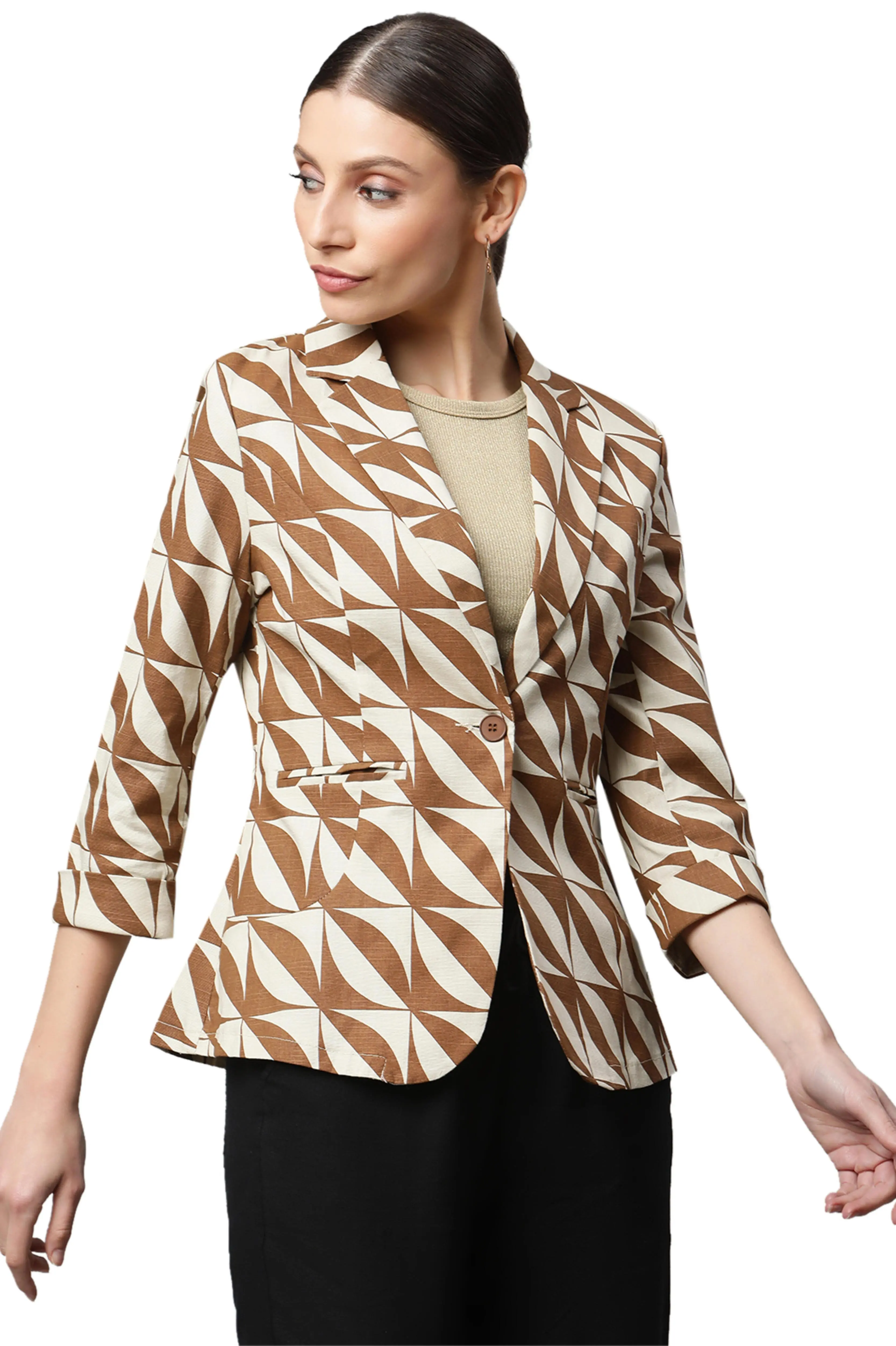 Mud Brown Casual Diagonal White Lines Slim Fit Blazer - Image 2