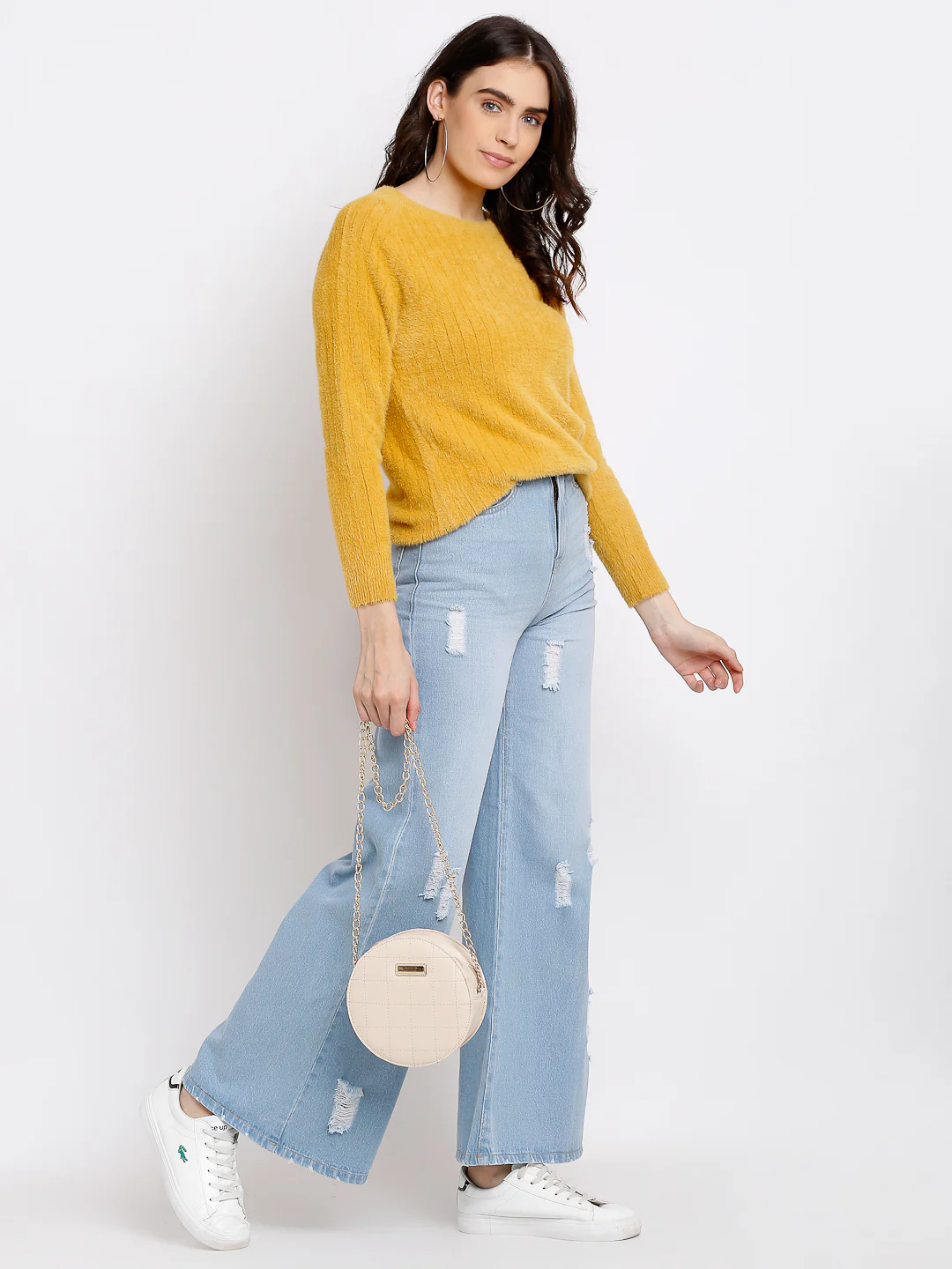 Mustard Knitted Solid Round Neck Pullover - Image 2