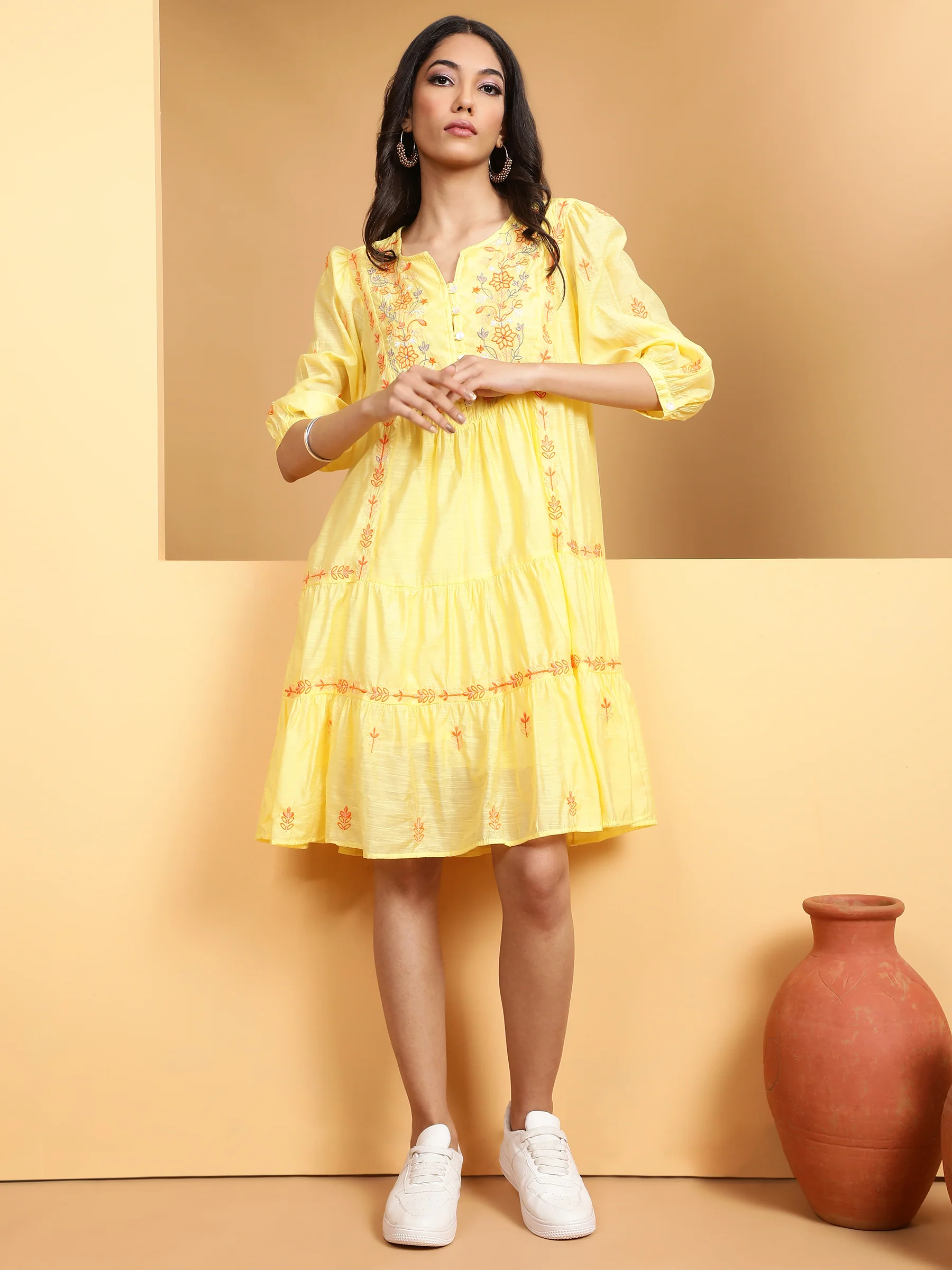 Women Mustard Round Neck Solid Dress - Image 3