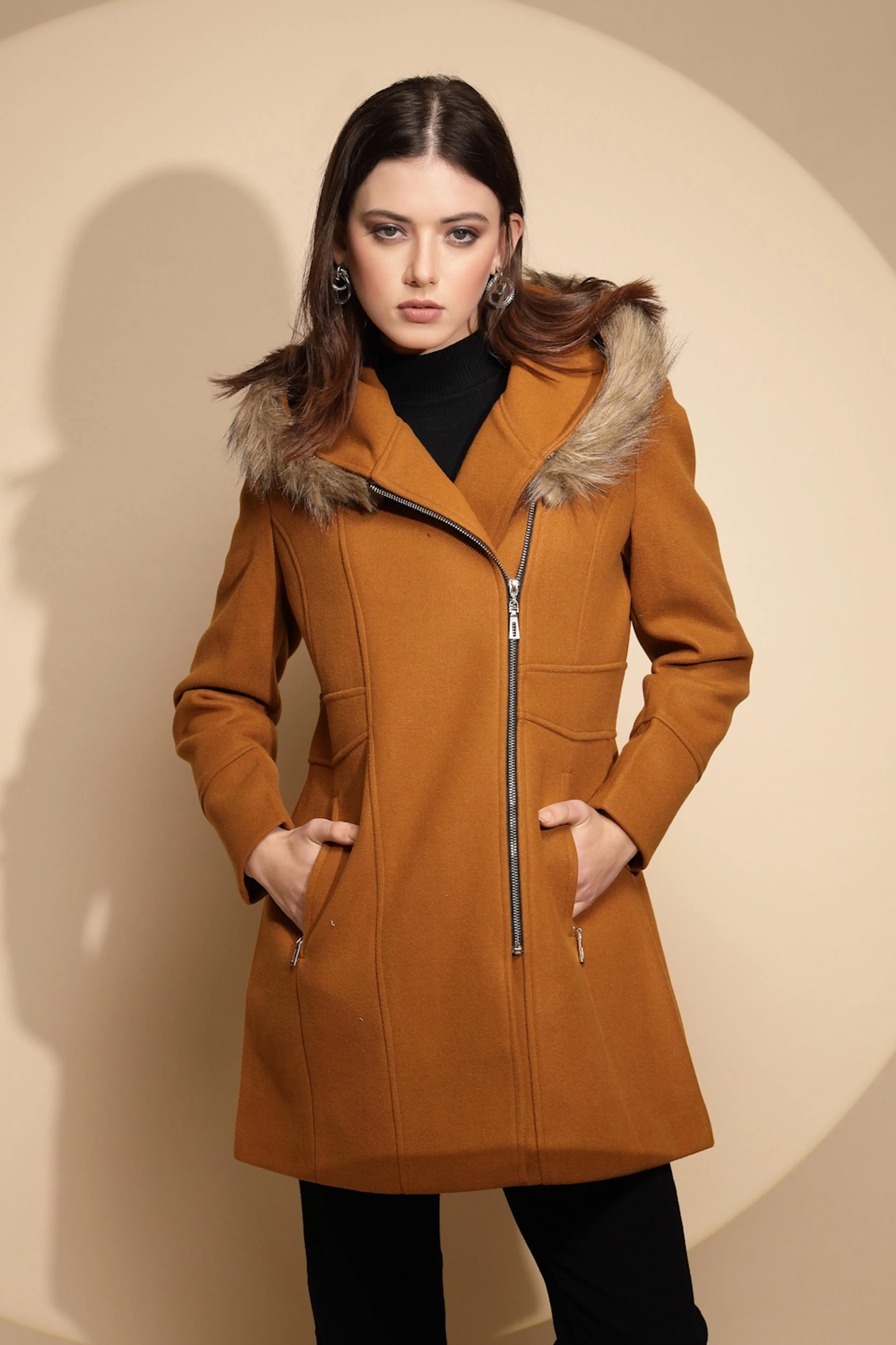 Mustard Solid Full Sleeve Knitted Fur Hooded Neck Coat