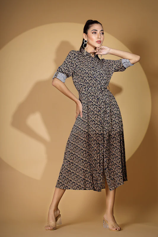 Navy Blue Collar Neck Printed Shirt Dress - Image 10