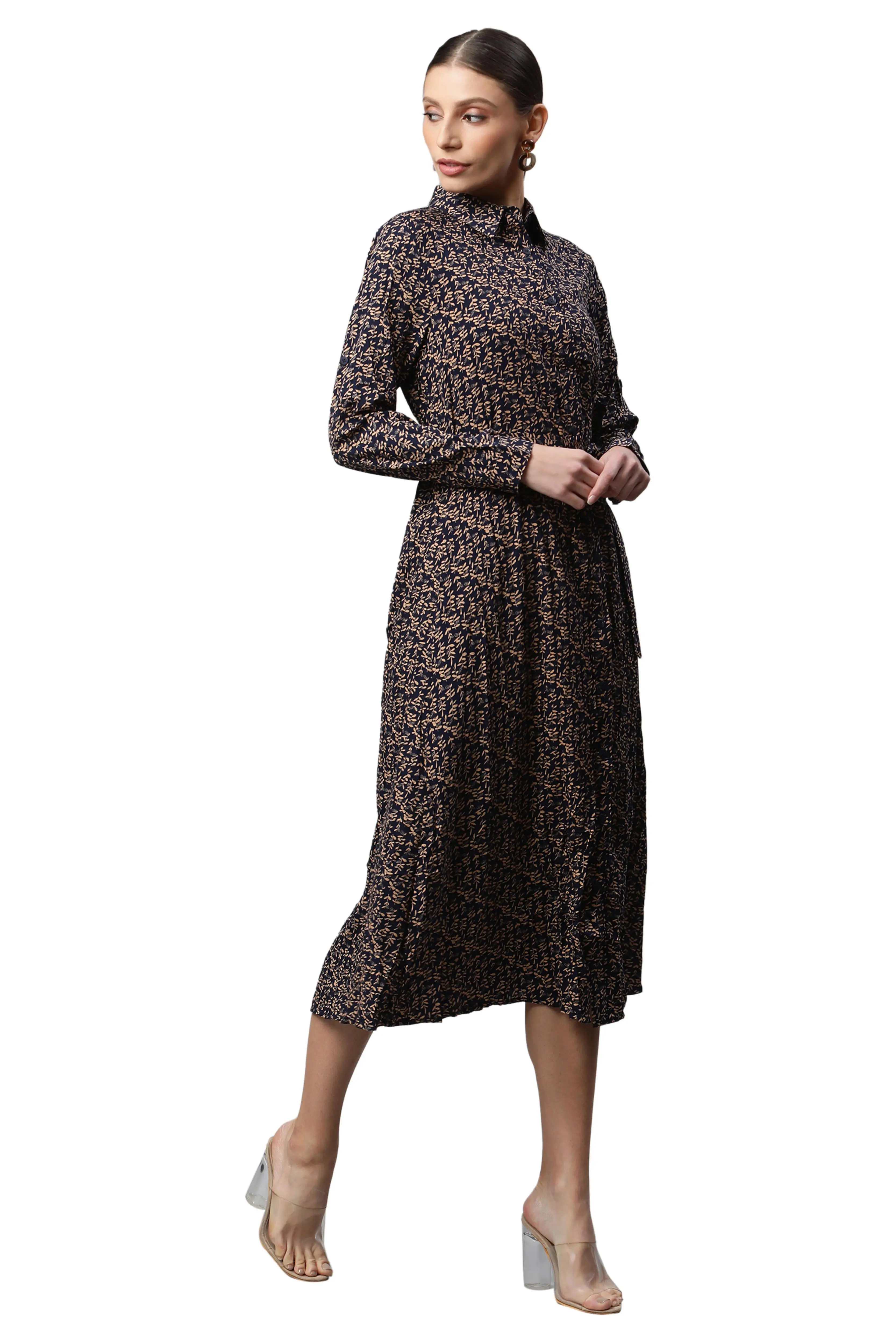 Navy Blue Collar Neck Printed Shirt Dress - Image 2